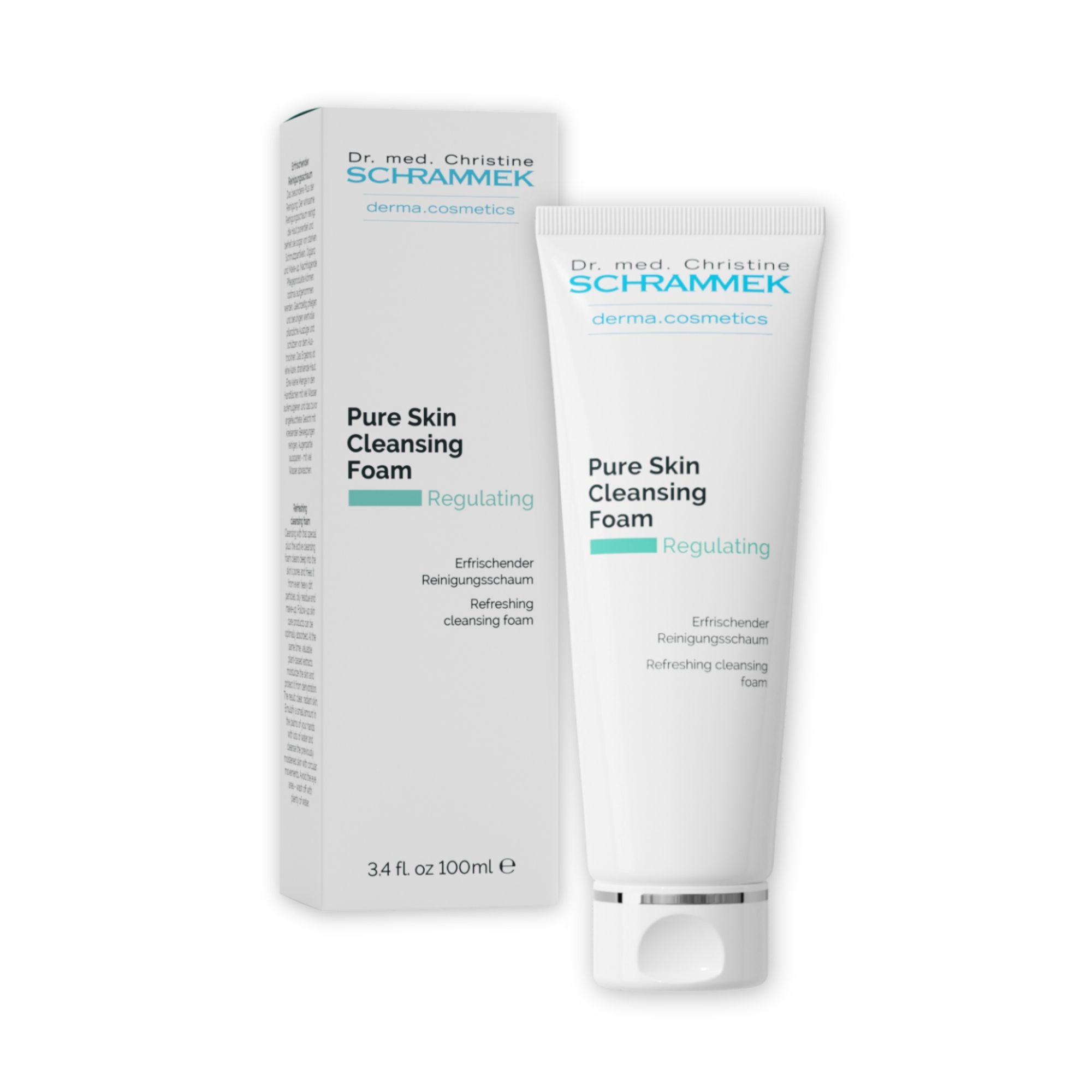 Weiße Tube und Verpackung. Aufschrift: Dr. med. Christine Schrammek, derma.cosmetics, Pure Skin Cleansing Foam, Regulating. 3.4 fl oz 100ml.