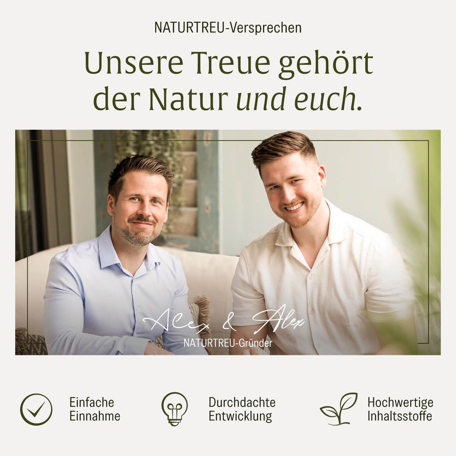 NATURTREU Gründer Alex & Alex lächeln, mit Icons für einfache Einnahme, Entwicklung und Inhaltsstoffe.
