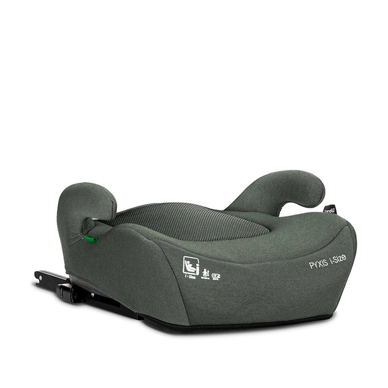 Grauer Kindersitz-Booster mit Armlehnen und i-Size-Logo.