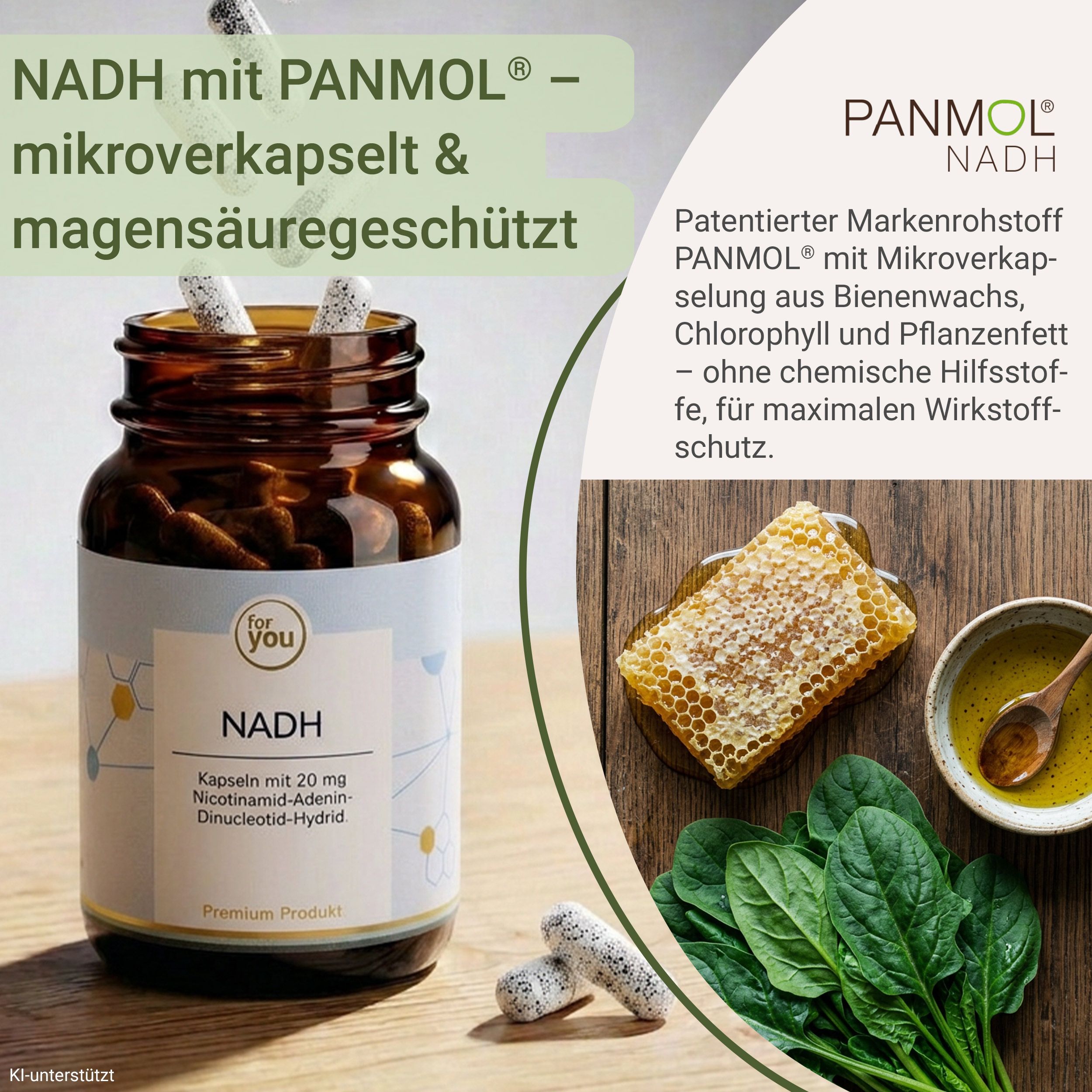 Flasche mit NADH-Kapseln, daneben Honigwabe und Spinatblätter.
