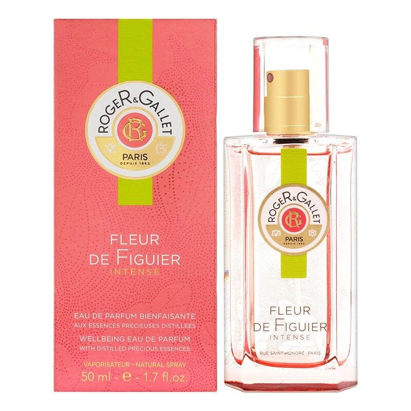 Rosa Flakon mit gelbem Streifen und Schriftzug FLEUR DE FIGUIER. Daneben eine rosa Schachtel mit Logo und Produktbezeichnung.