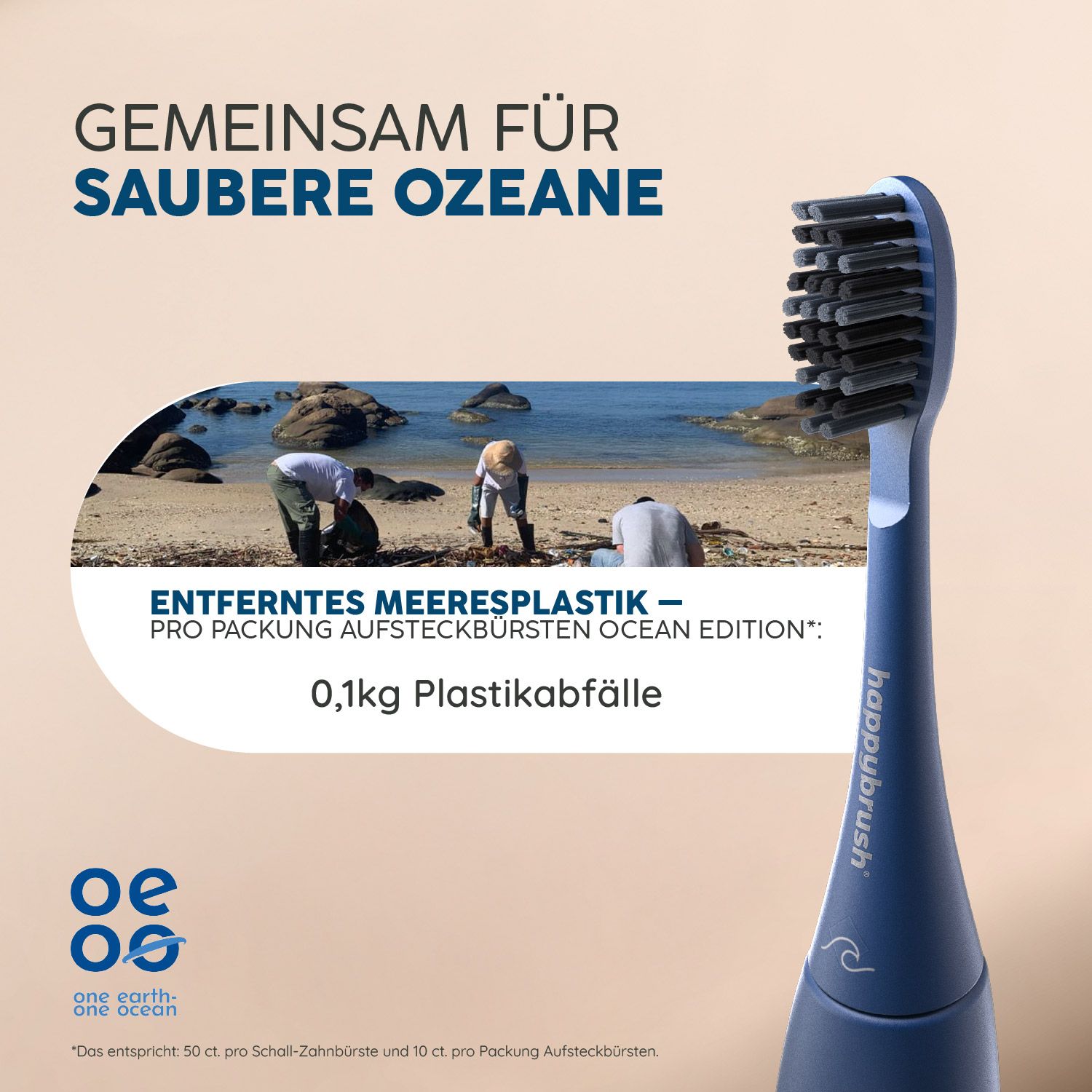 Zahnbürste mit blauem Griff und schwarzen Borsten. Text: Gemeinsam für saubere Ozeane. Entferntes Meeresplastik.