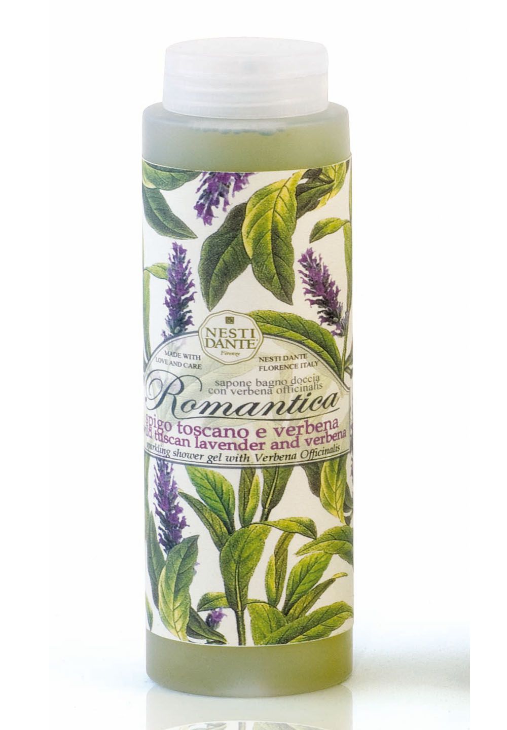 Grüne Duschgel-Flasche mit floralem Etikett. Aufschrift: Romantica, Lavendel und Verbena. Marke: Nesti Dante.