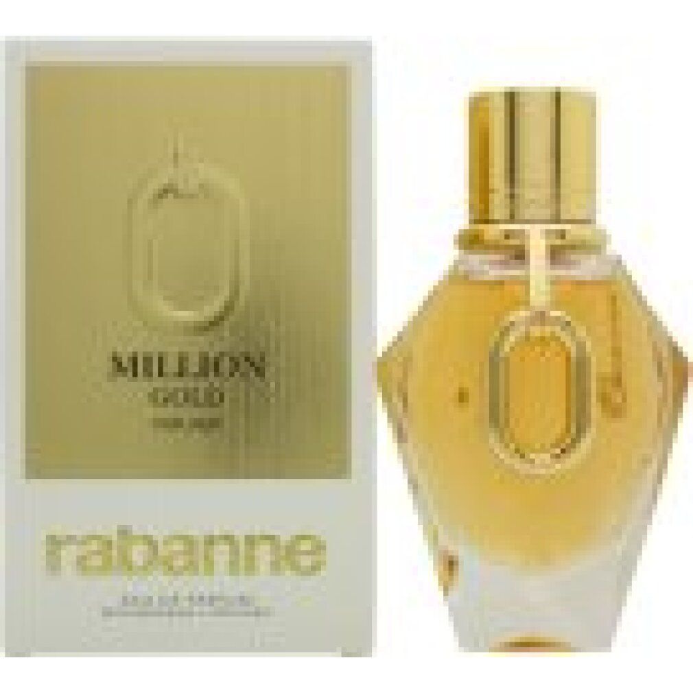 Goldfarbener Flakon und Verpackung. Aufschrift: Million Gold For Her, Rabanne.