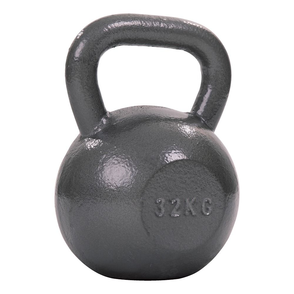 Graue Kettlebell mit Henkel. Gewicht: 32 kg. Lackierte Oberfläche.