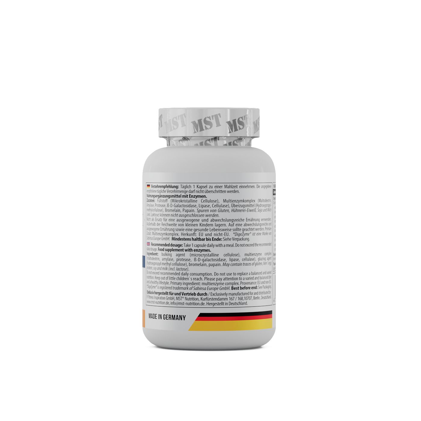 Weiße Flasche mit MST-Logo und Etikett. Enthält Enzyme. Rückansicht mit Text und deutscher Flagge.