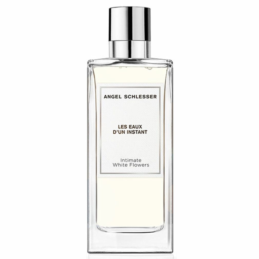 Rechteckiger Flakon mit silbernem Deckel. Aufschrift: Angel Schlesser, Les Eaux d'Un Instant, Intimate White Flowers.