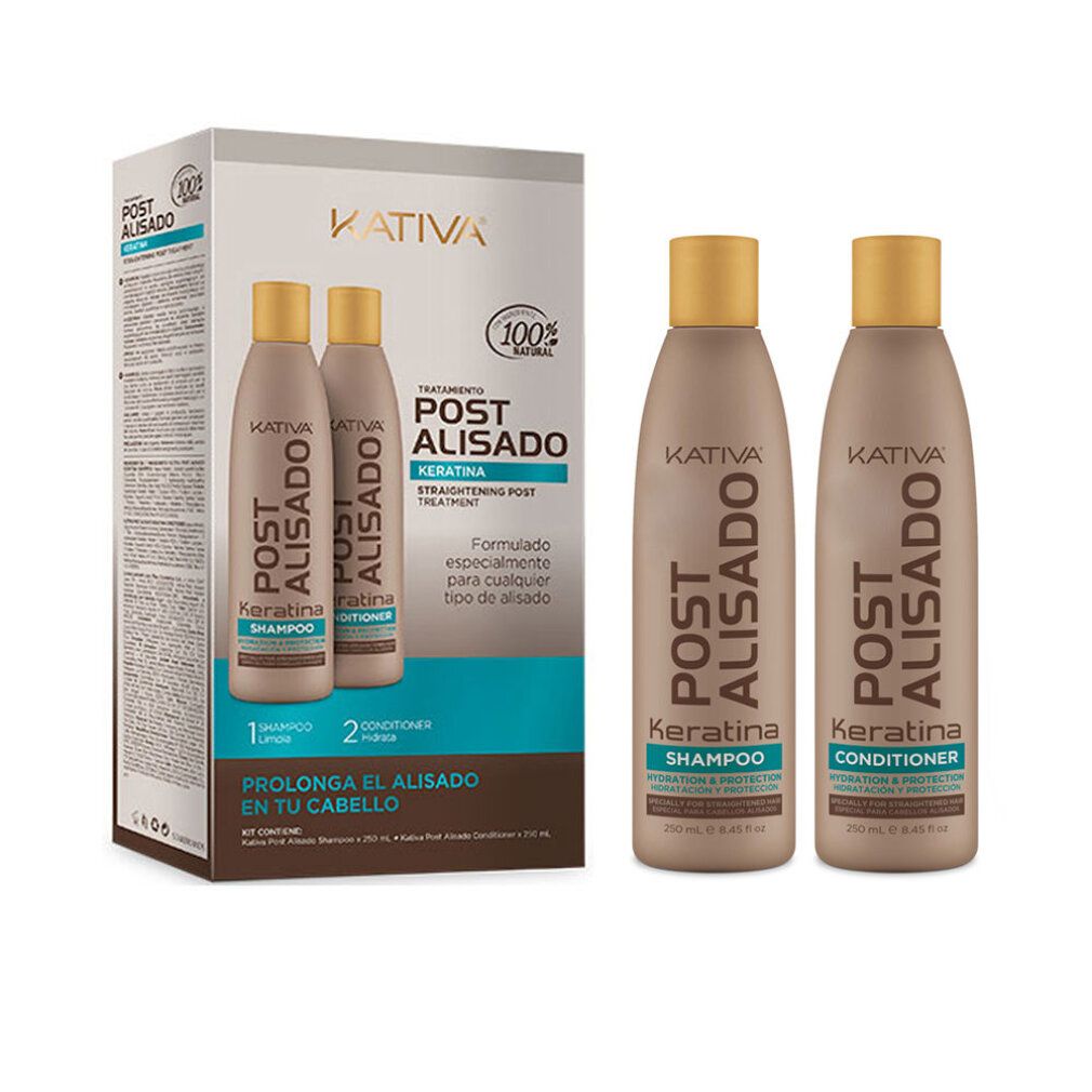 Kativa Keratina Shampoo Set. Zwei Flaschen Shampoo und Conditioner. Text: Post Alisado, Keratina, Salt Free.