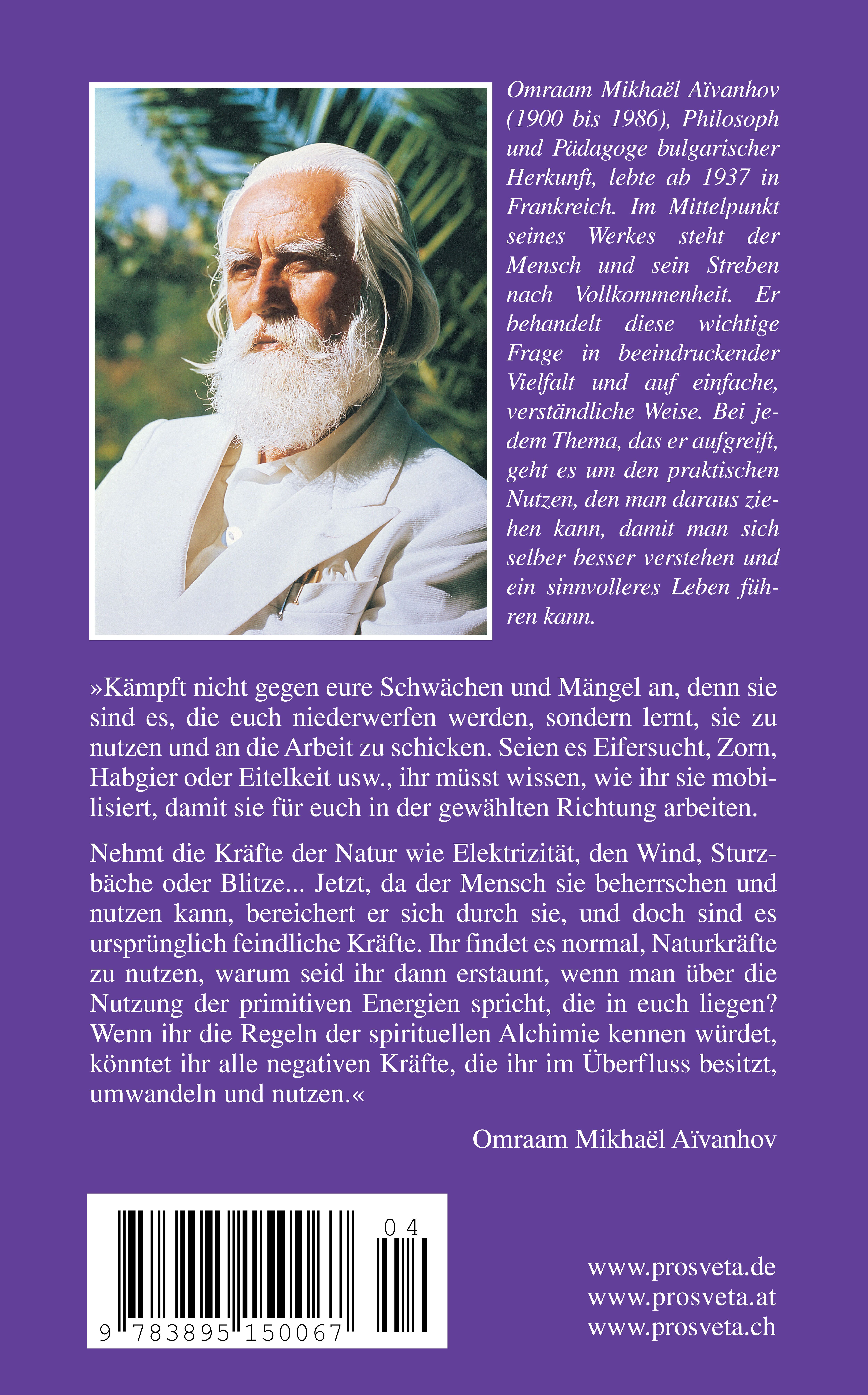 Buchrückseite mit Text und Zitat. Porträt von Omraam Mikhaël Aïvanhov. ISBN-Barcode, Verlagslogo, Website-Adresse.