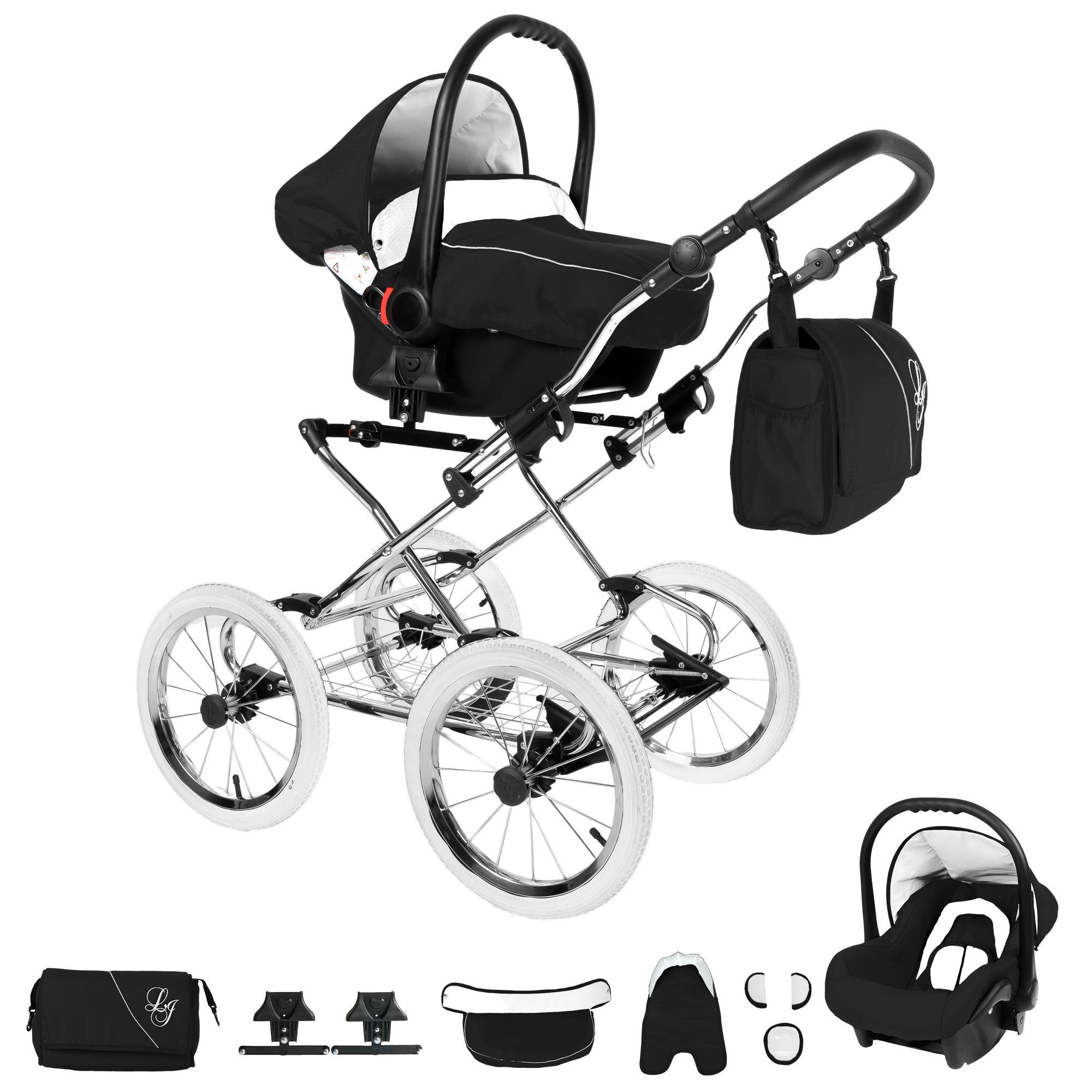 Bebebi Loving 4 in 1 Kinderwagen Komplettset ISOFIX Basis Nostalgie Kinderwagen, Black Tender
