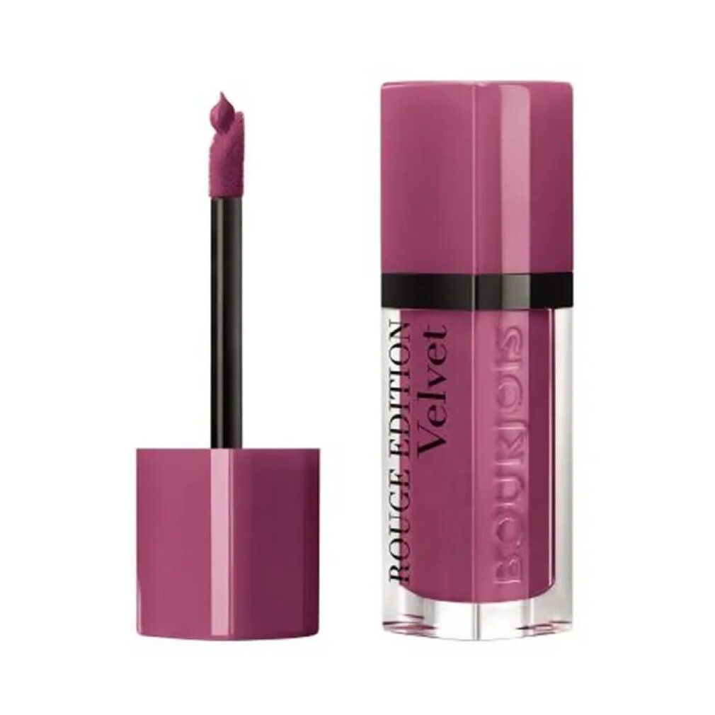 Lippenstift mit Applikator. Aufschrift: Bourjois Rouge Edition Velvet. Farbe: Rosa-Lila.