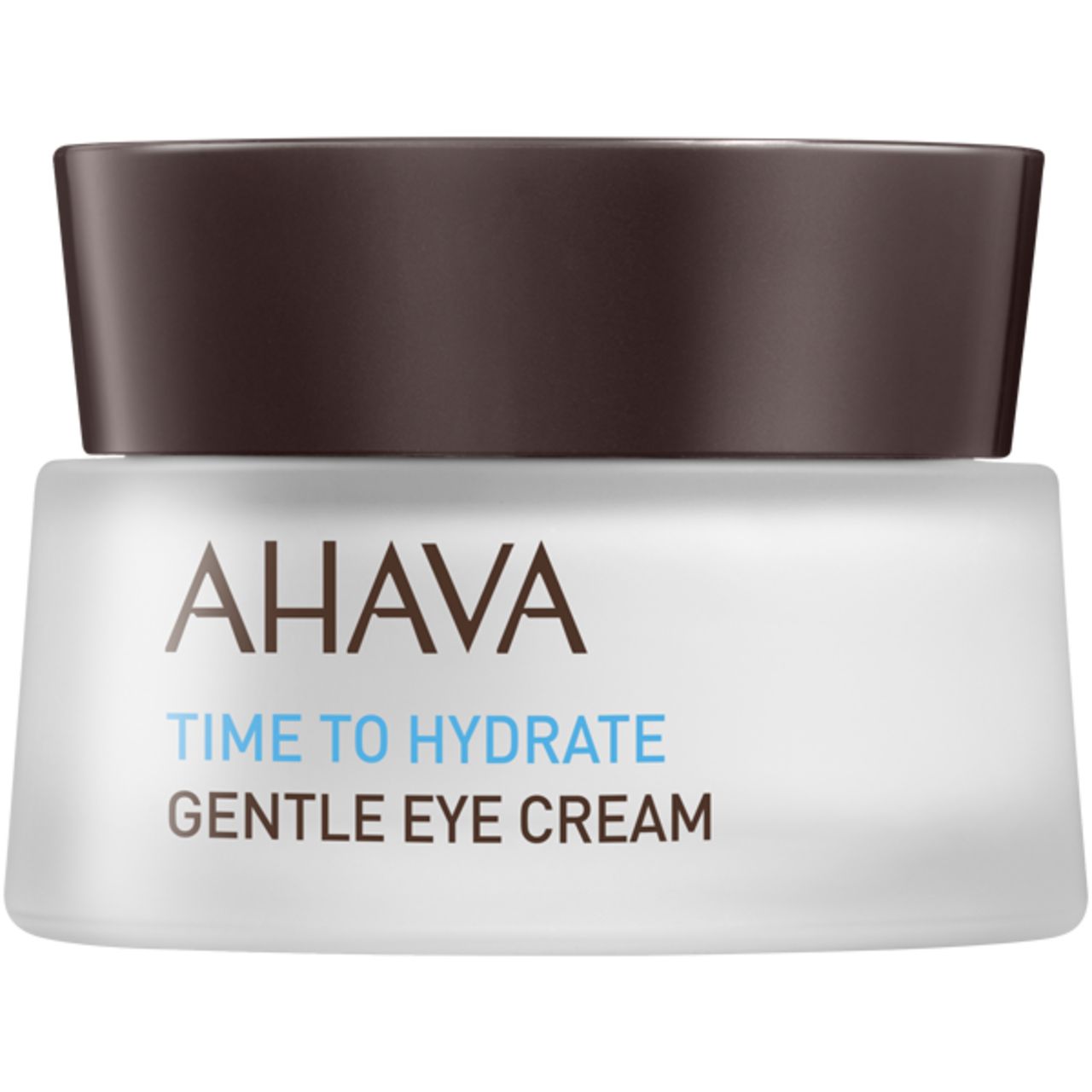 Cremetiegel mit braunem Deckel. AHAVA Time to Hydrate Gentle Eye Cream. Logo und Text.