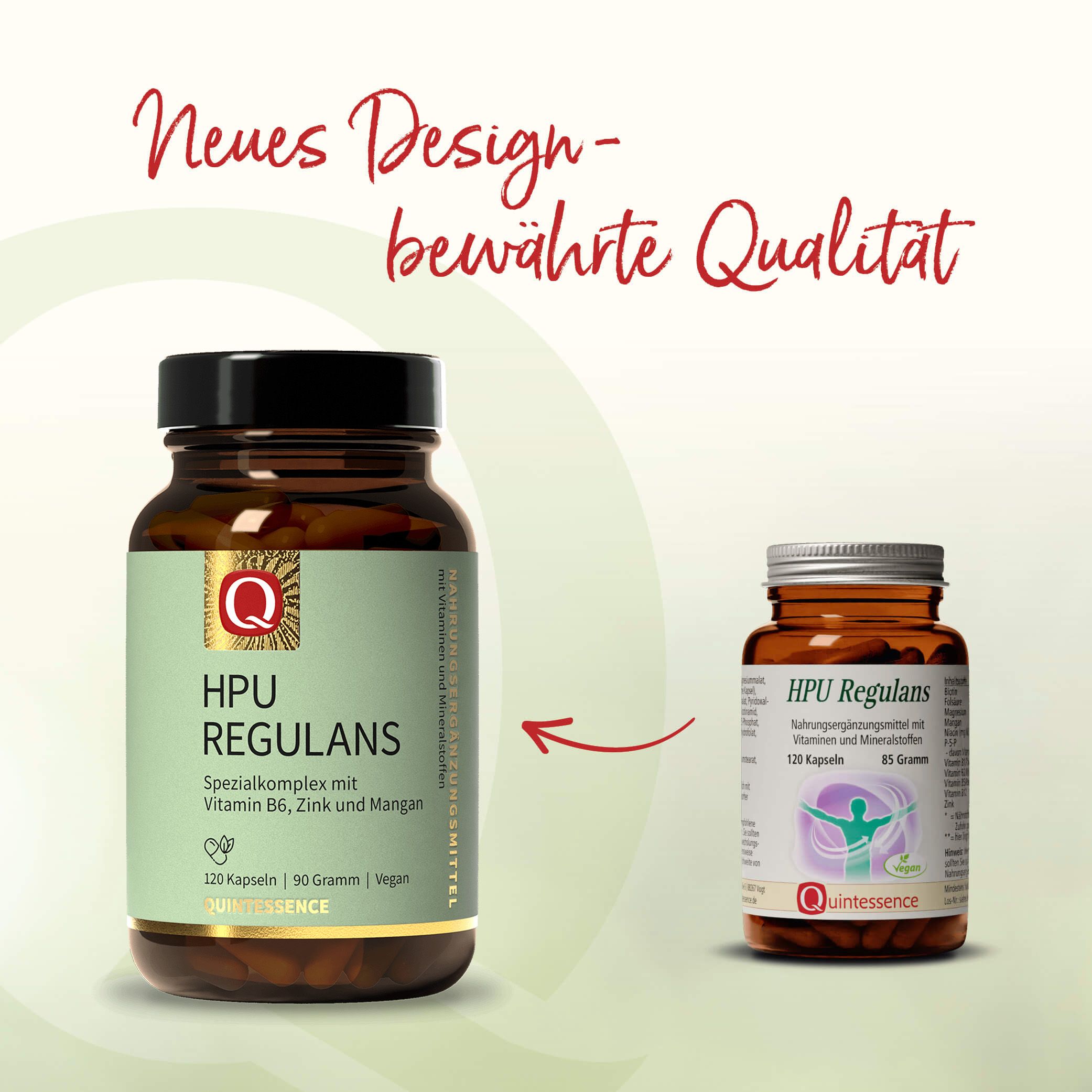 Neues Design, bewährte Qualität: HPU Regulans Kapseln von Quintessence im Vergleich zur älteren Verpackung.