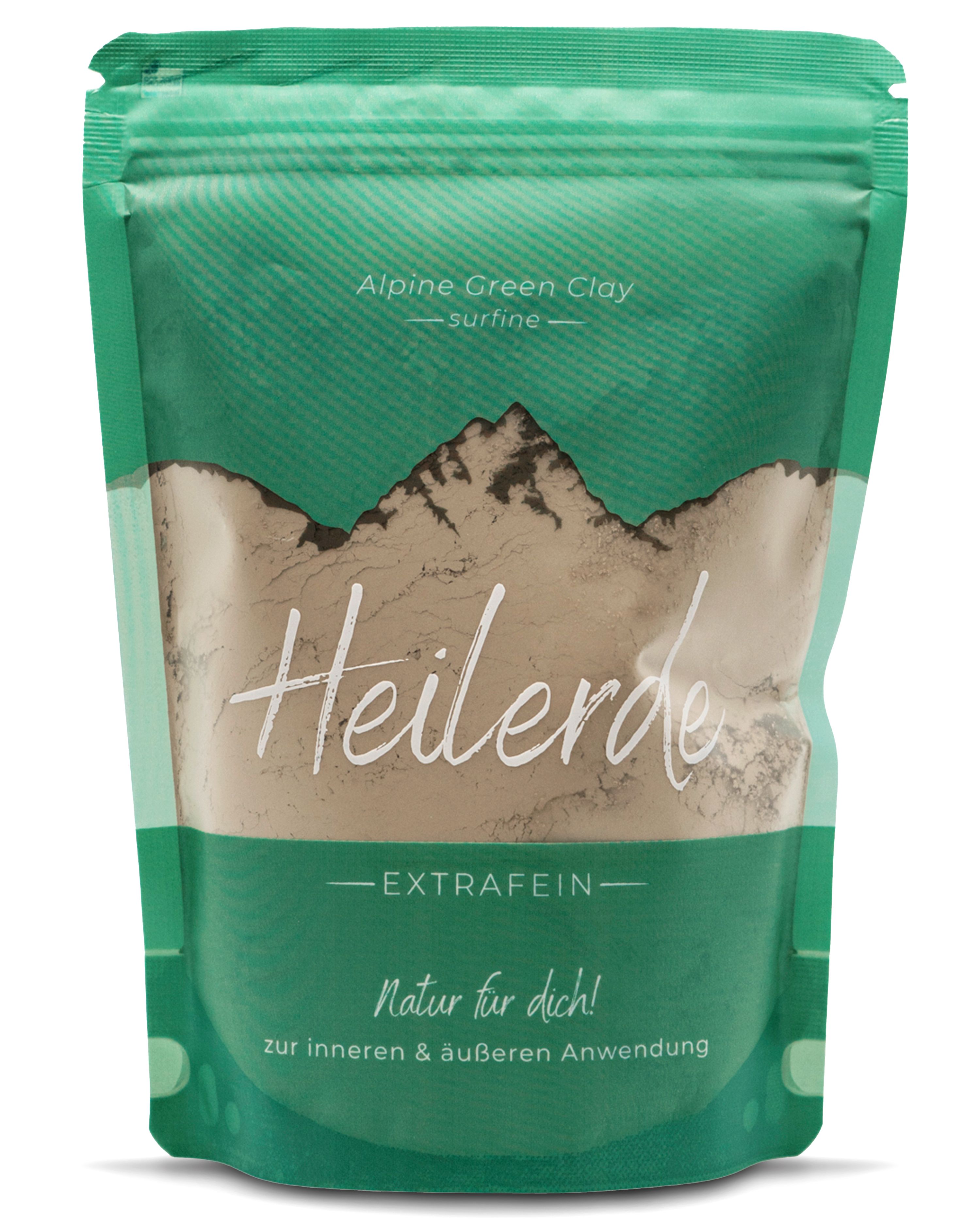 Grüne Standbeutel mit Heilerde. Text: Alpine Green Clay, Heilerde, extrafein, Natur für dich! Zur inneren & äußeren Anwendung.