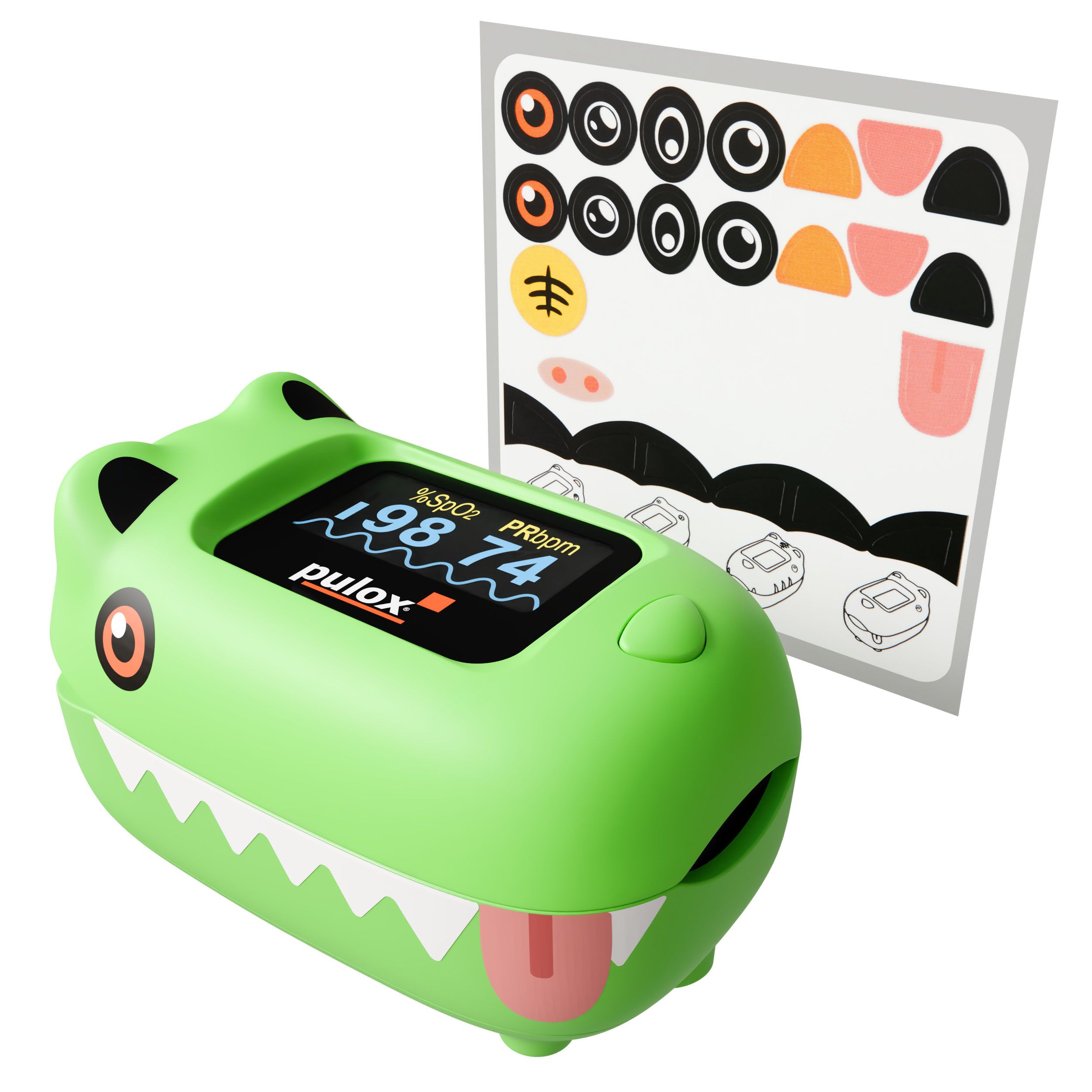 Grüner Pulsoximeter mit Krokodil-Design und Aufklebern. LCD-Anzeige mit Werten. Zubehör: Aufkleberbogen.