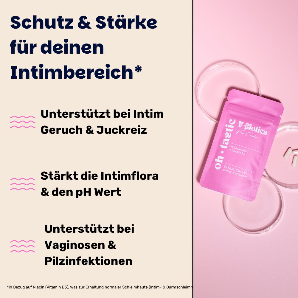 Rosa Beutel V-Biotics auf Petri-Schalen. Text: Schutz & Stärke für deinen Intimbereich. Unterstützt bei Intimgeruch & Juckreiz.