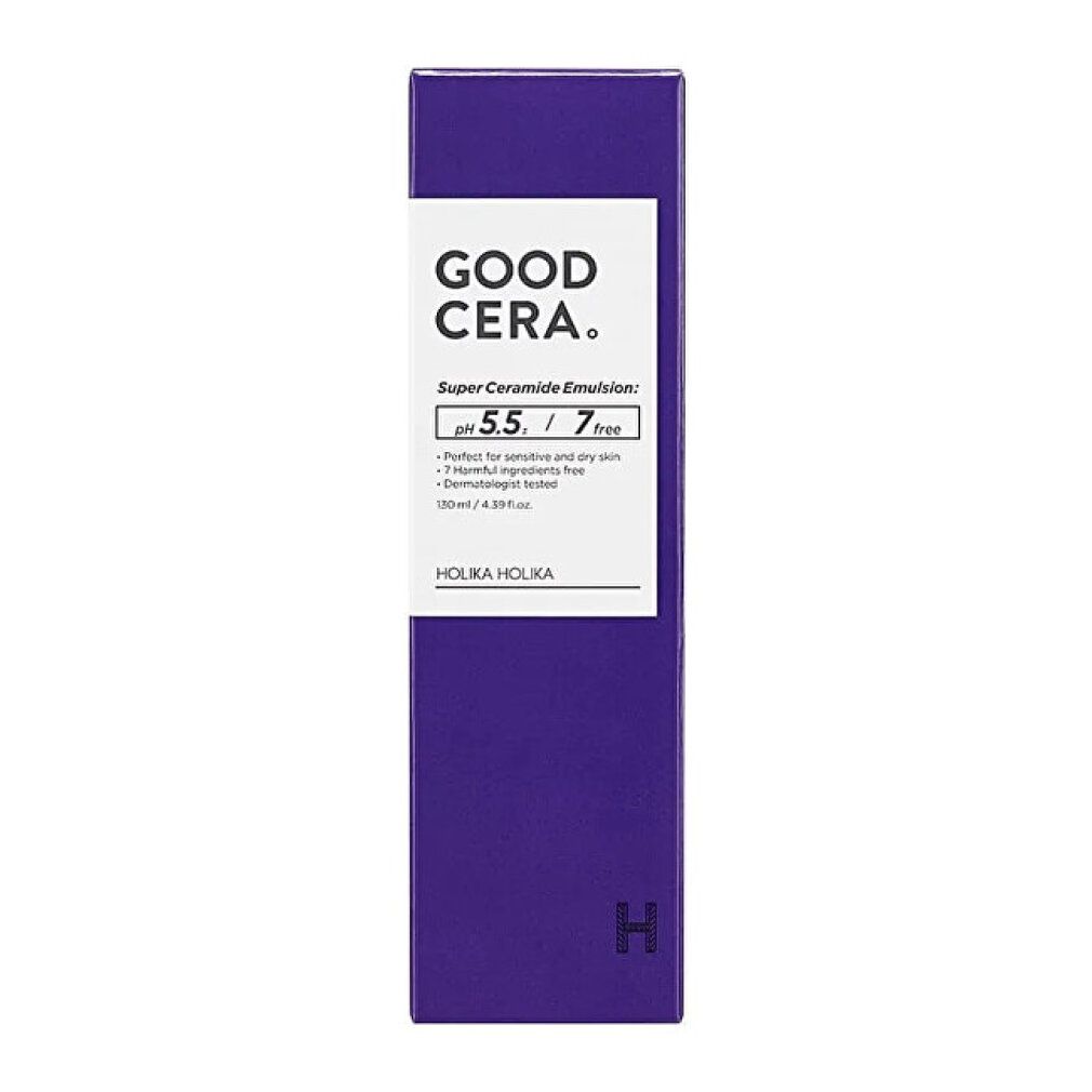 Verpackung der Holika Holika Good Cera Super Ceramide Emulsion in einem violetten Karton.