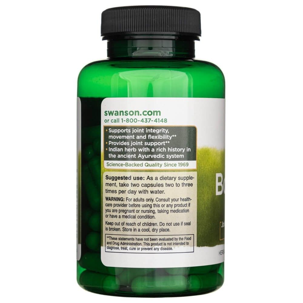 Rückseite einer grünen Flasche Swanson Boswellia Serrata mit Anwendungshinweisen und Warnungen.