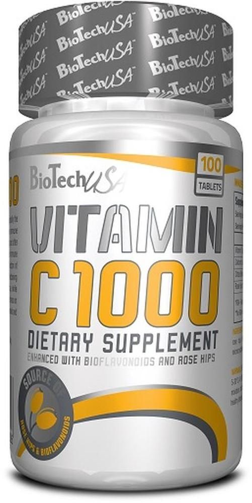 Eine weiße Flasche mit gelben und grauen Akzenten. Aufschrift: Vitamin C 1000, Nahrungsergänzungsmittel. Enthält 100 Tabletten.
