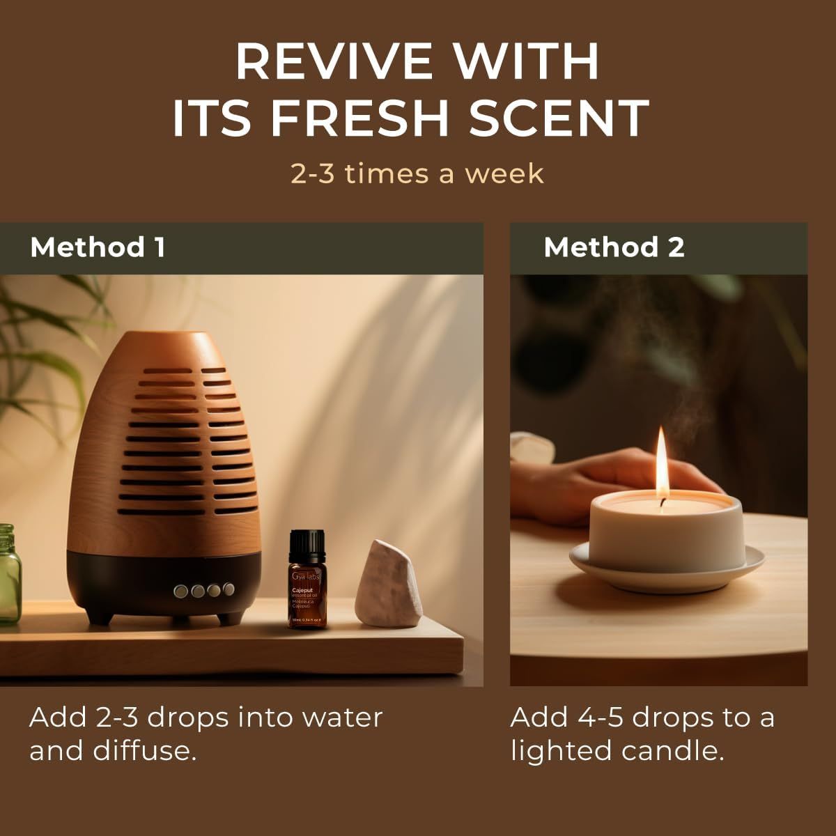 Diffusor und Ölflasche auf Holz. Kerze brennt. Text: 2-3 mal pro Woche. Methode 1, Methode 2.