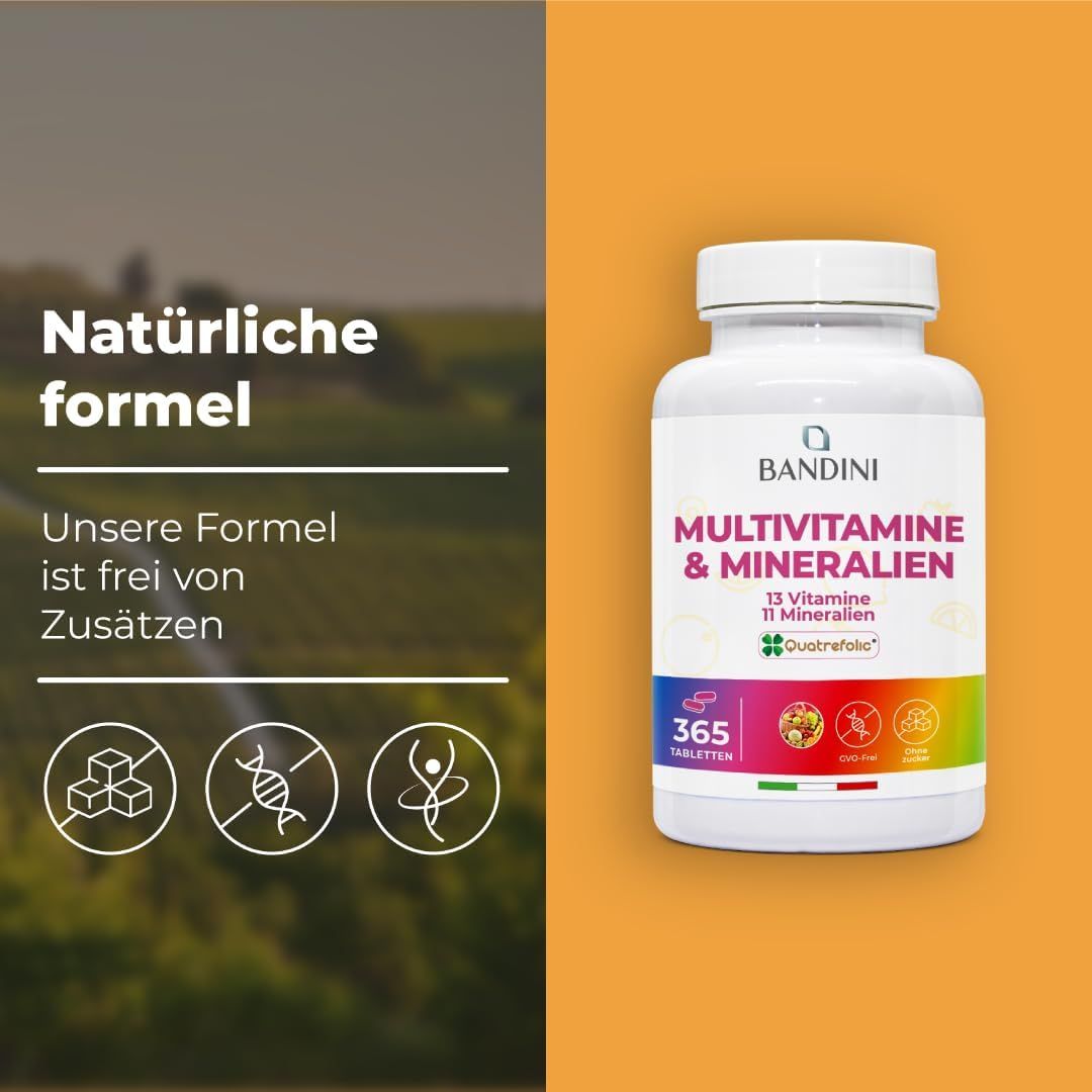 Bandini Multivitamin-Flasche. Aufschrift: Multivitamine & Mineralien. 365 Tabletten. Natürliche Formel, ohne Zusätze.