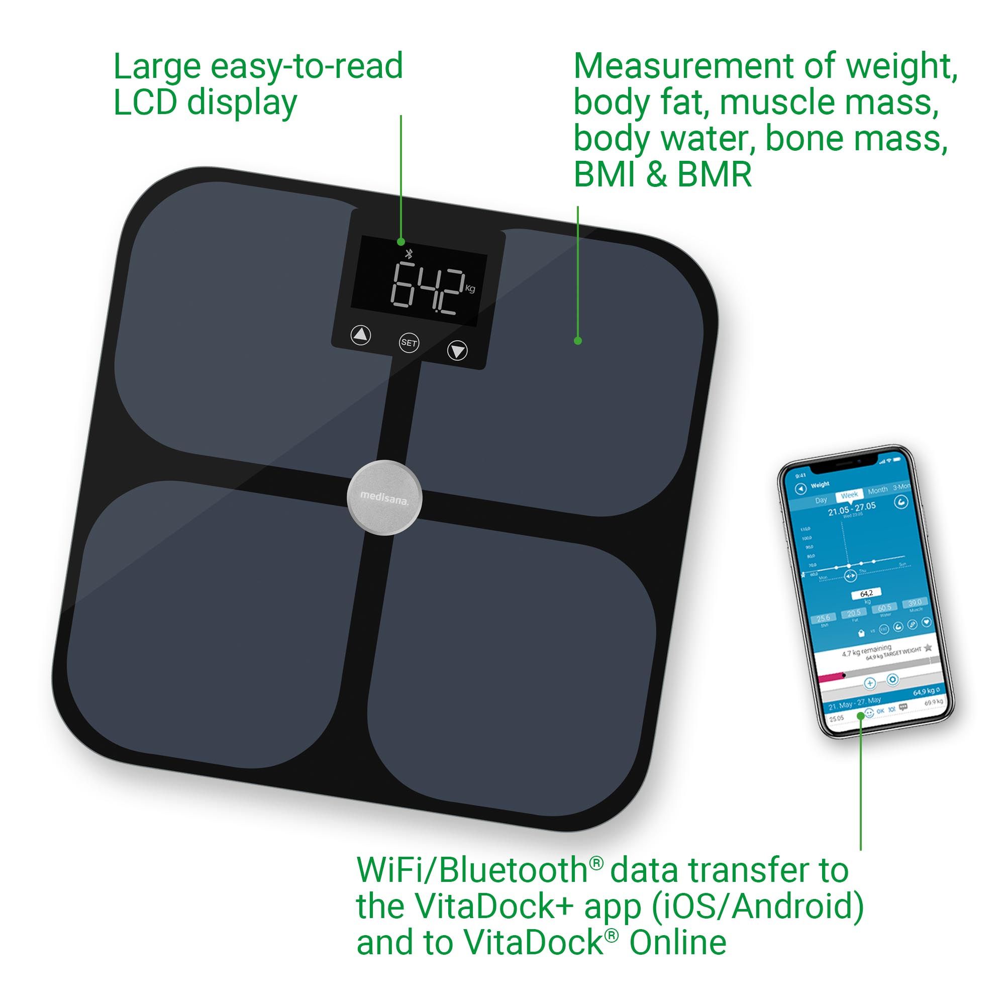 Körperanalysewaage mit großem LCD-Display und Smartphone. Datenübertragung via WiFi/Bluetooth.