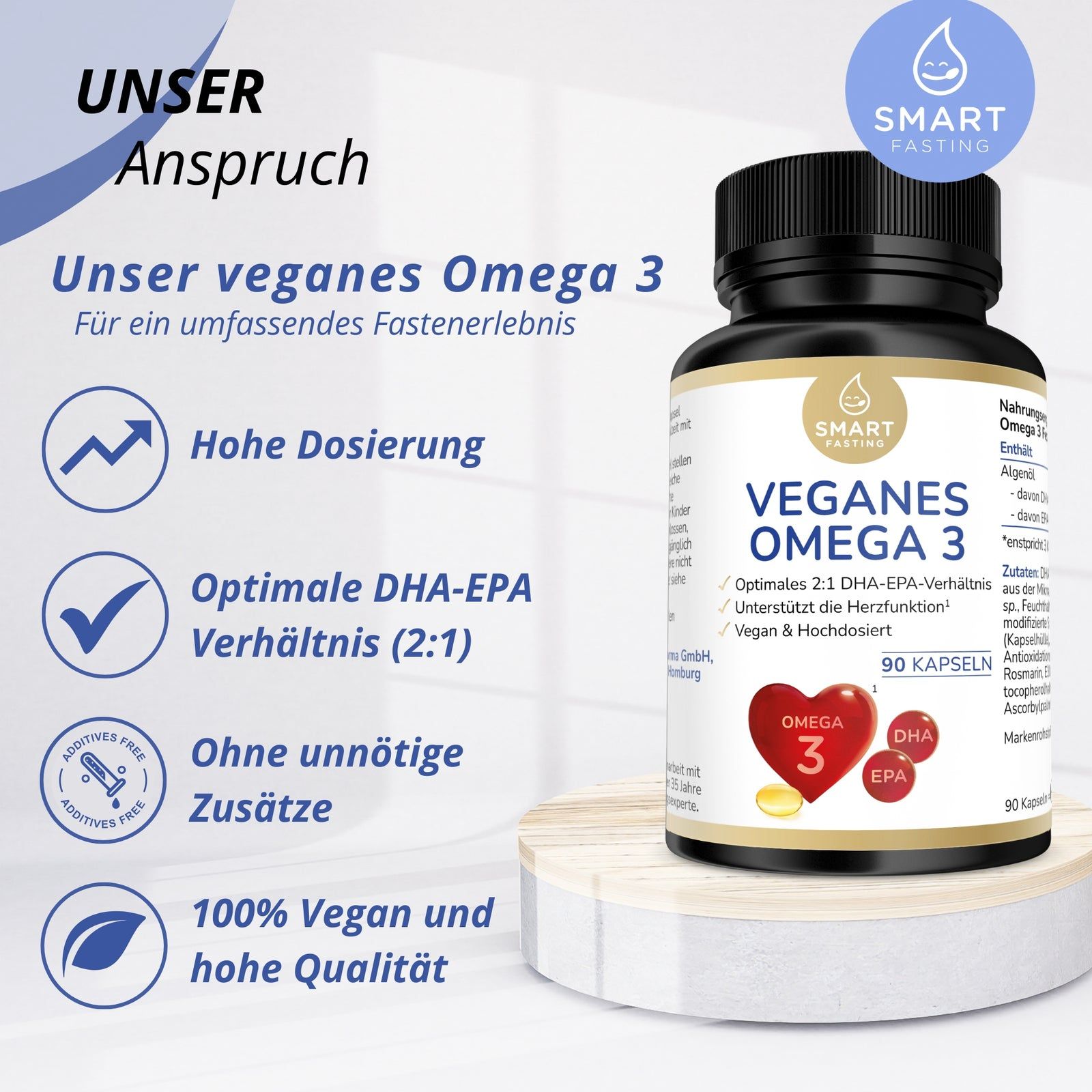 Braune Flasche mit veganem Omega 3. Text: Hohe Dosierung, optimales DHA-EPA-Verhältnis (2:1), ohne unnötige Zusätze, 100% vegan.