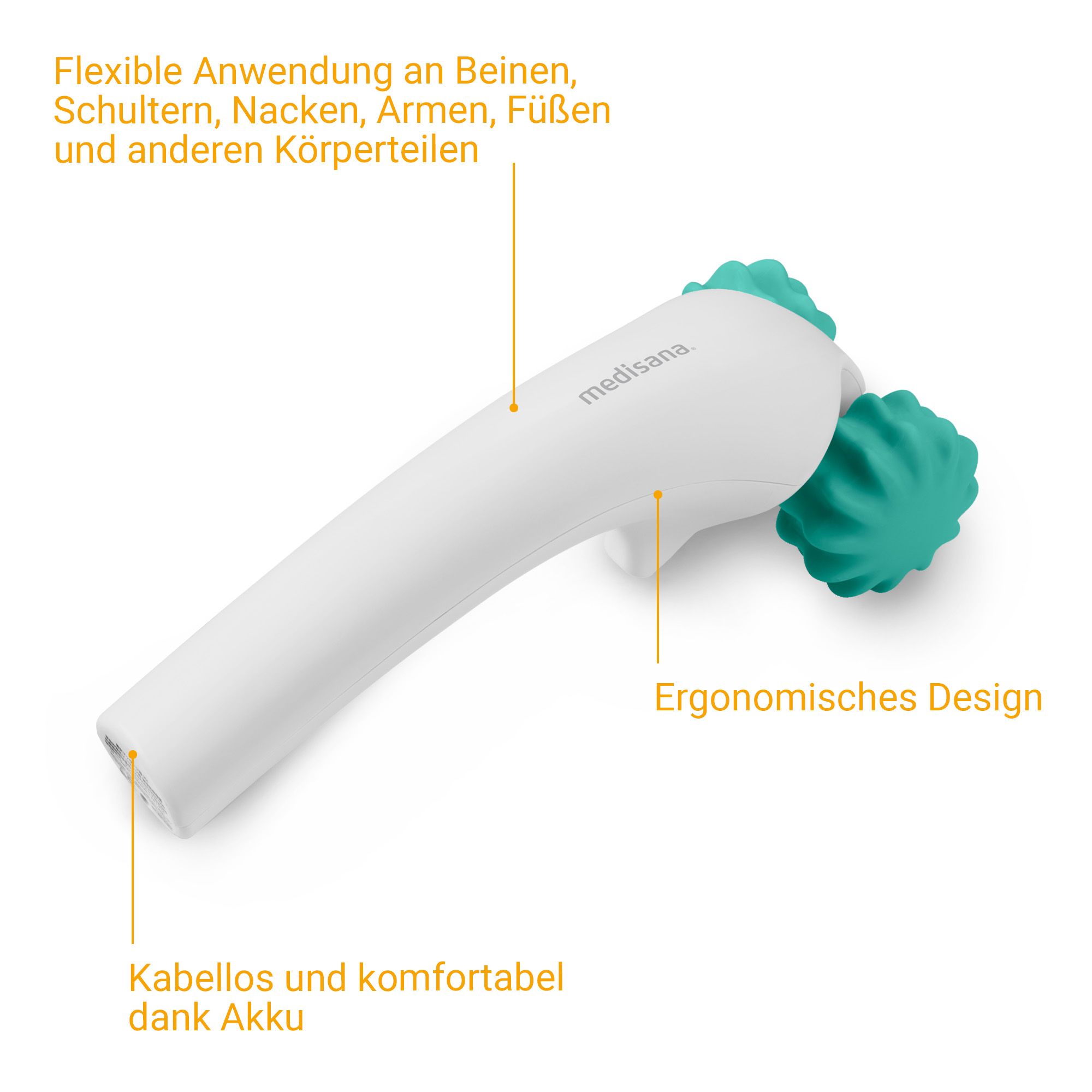 Weißes Handmassagegerät mit türkisen Rollen, ergonomisches Design, kabellos dank Akku.