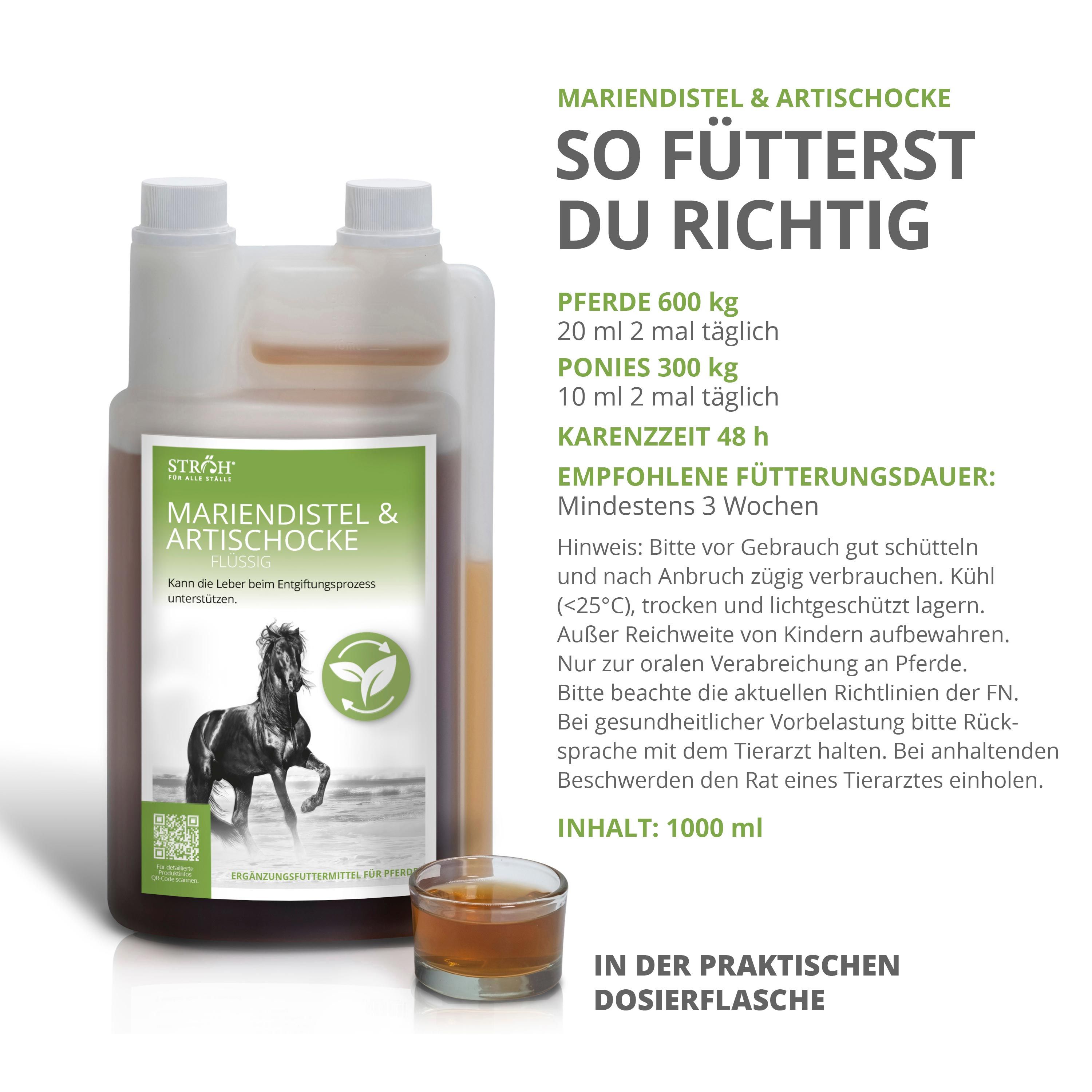 STRÖH Mariendistel & Artischocke: Fütterungsempfehlung und Anwendungshinweise auf der Flasche.