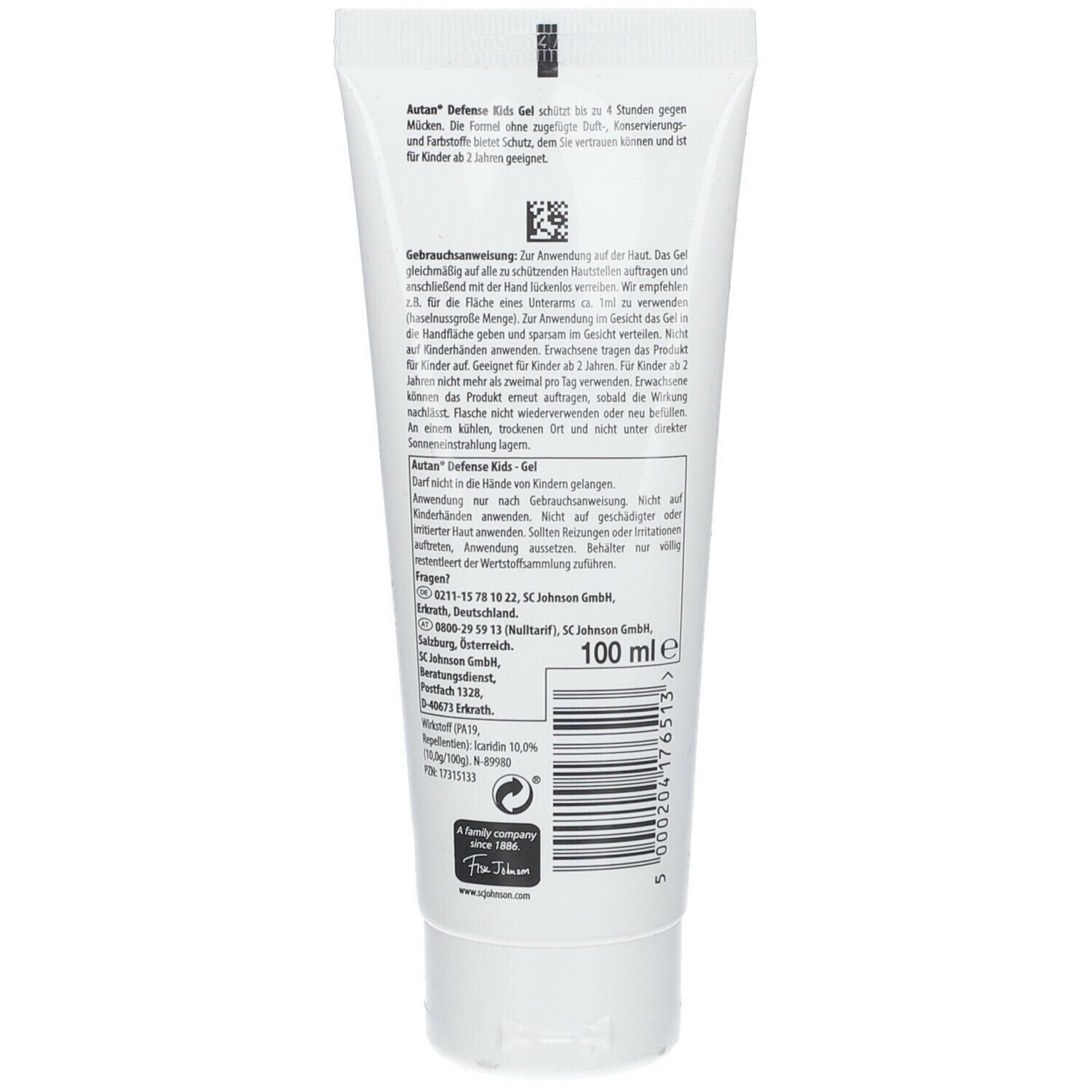 Rückseite der Autan Defense Kids Gel Tube. Enthält Text und Informationen. Volumen: 100 ml. Mit Barcode und Herstellerangaben.