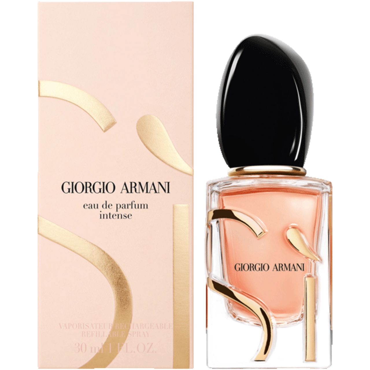 Giorgio Armani Si Eau de Parfum Intense. Flakon und Verpackung. Eckiger Flakon, rosa Flüssigkeit, schwarzer Verschluss. Produktname sichtbar.