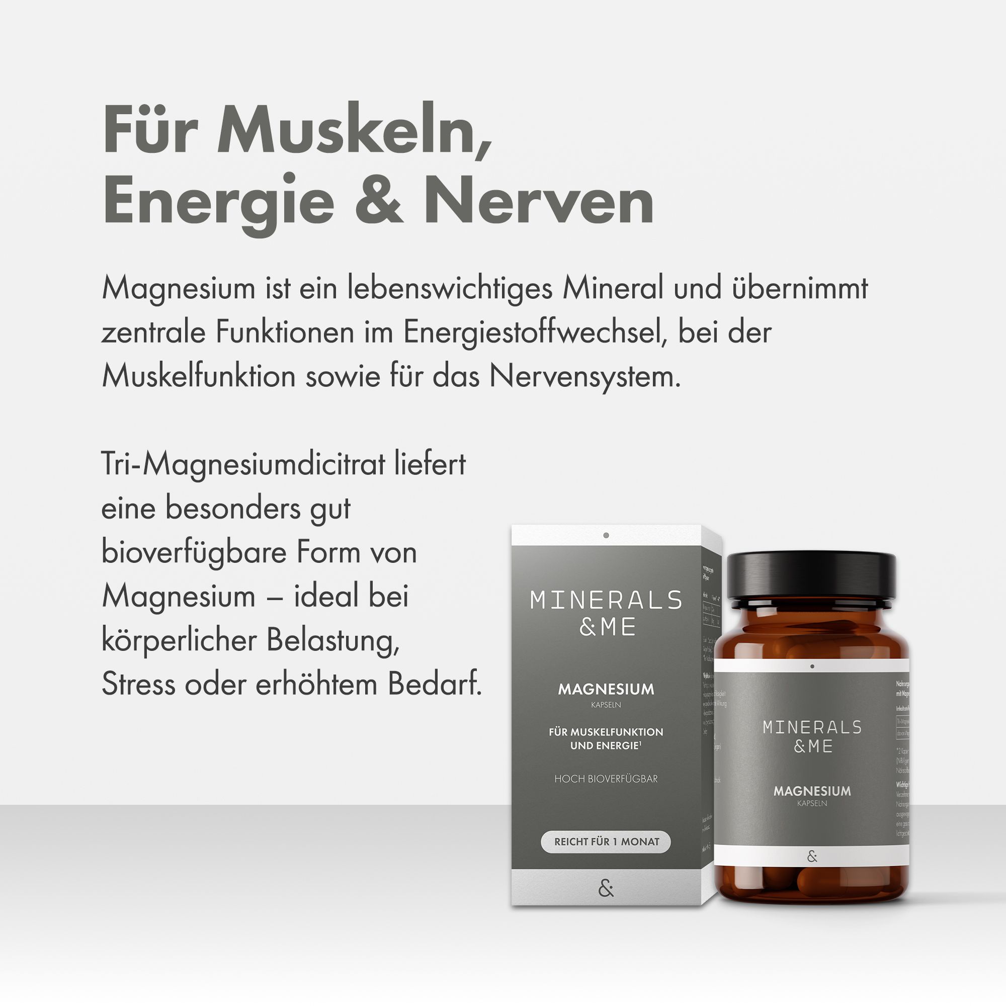 Braune Glasflasche und Schachtel mit "MINERALS & ME Magnesium". Text: "Für Muskeln, Energie & Nerven".