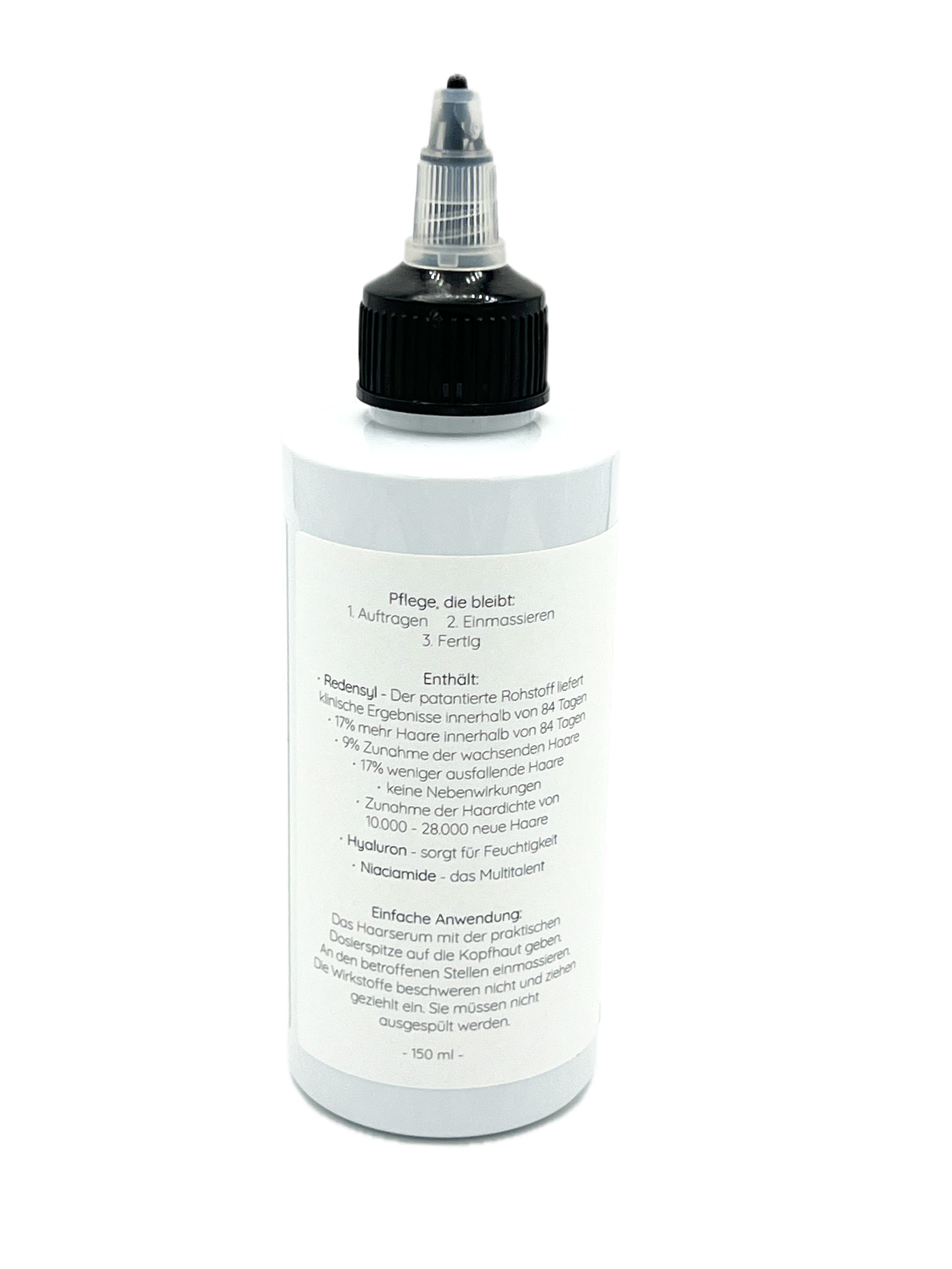 Rückseite der Serumflasche. Text: Anwendungshinweise, Inhaltsstoffe, 150 ml. Logo: Die Kräutermagie.