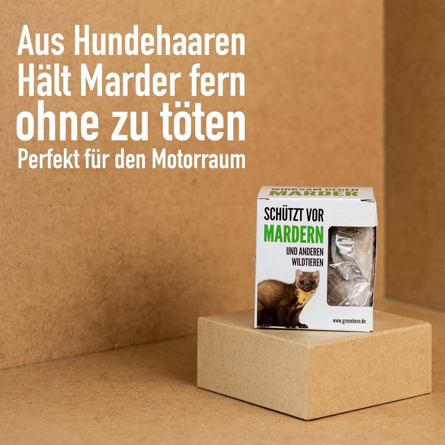 Produktverpackung auf einem Karton. Text: Hält Marder fern ohne zu töten. Aufschrift: Schützt vor Mardern. Hintergrund: braun.