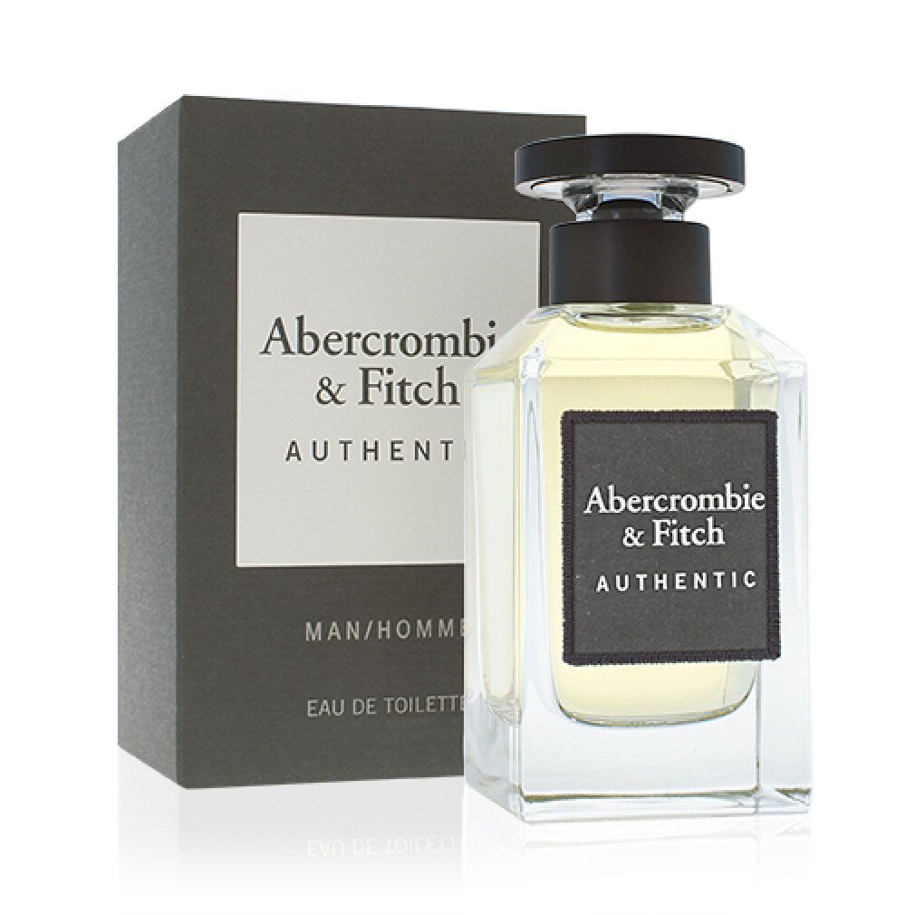 Flakon und Verpackung. Flakon mit schwarzem Verschluss. Verpackung mit "Abercrombie & Fitch AUTHENTIC".