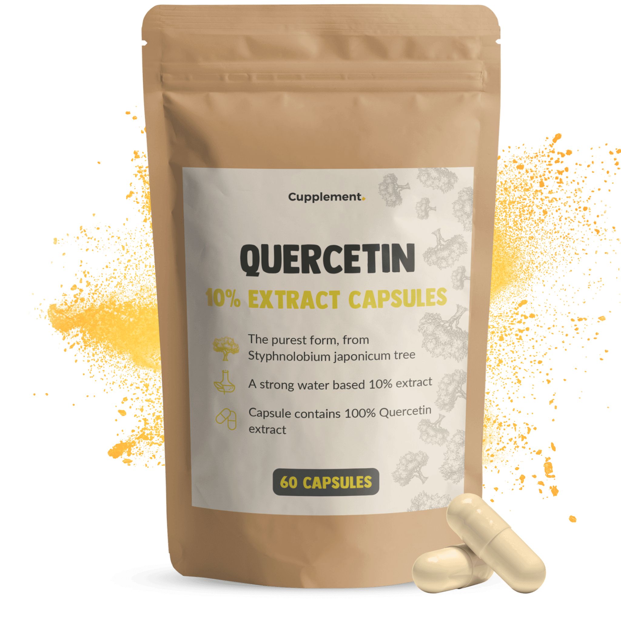 Beutel mit Quercetin-Kapseln. Aufschrift: Quercetin 10% Extract Capsules. Zwei Kapseln daneben.