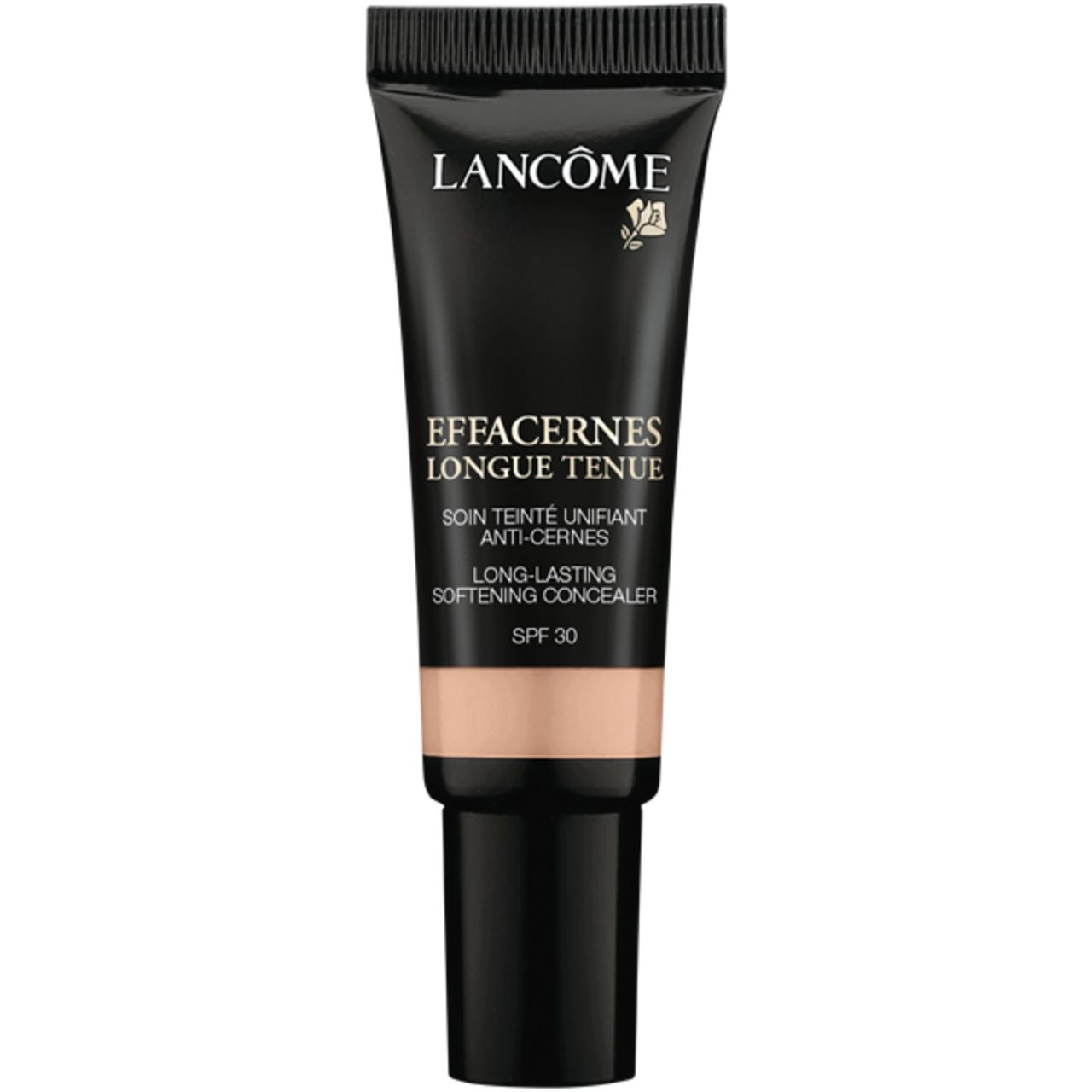 Lancôme Effacernes Longue Tenue SPF 30. Schwarze Tube mit beigem Produkt. Text: Effacernes, Longue Tenue, SPF 30.