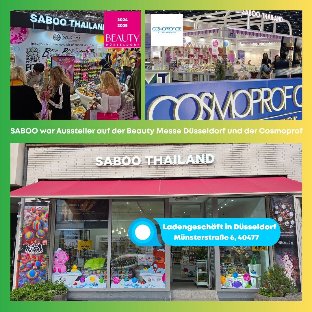 Fotos von Messeständen. Logo: Saboo Thailand. Text: Beauty Messe Düsseldorf und Cosmoprof. Laden in Düsseldorf.