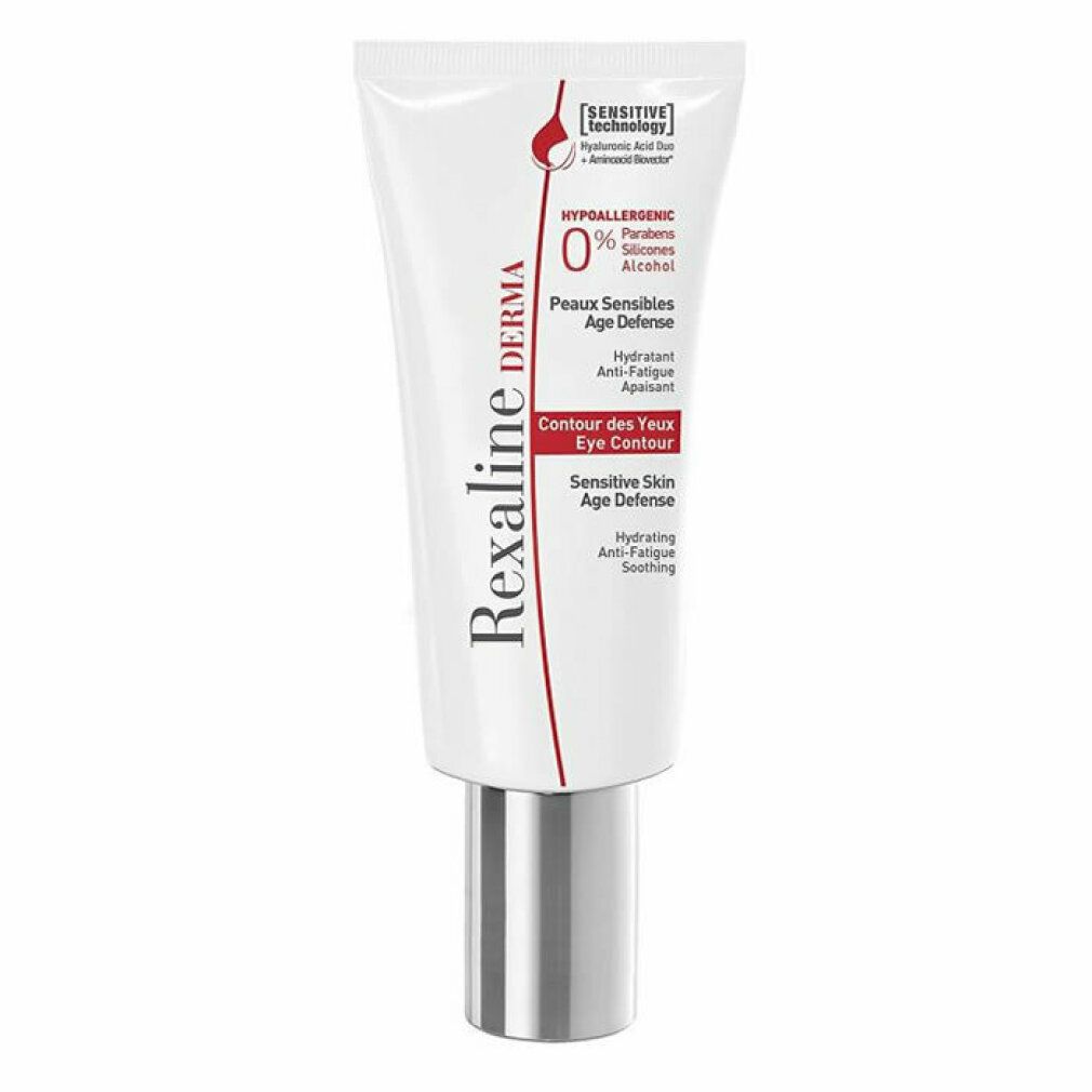 Weiße Tube mit silbernem Verschluss. Aufschrift: Rexaline Derma Eye Contour. Enthält Informationen zu Inhaltsstoffen und Zertifizierungen.