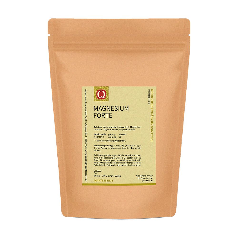 Beutel mit Produktetikett. Aufschrift: Magnesium Forte. Enthält Informationen zu Inhaltsstoffen und Hersteller.