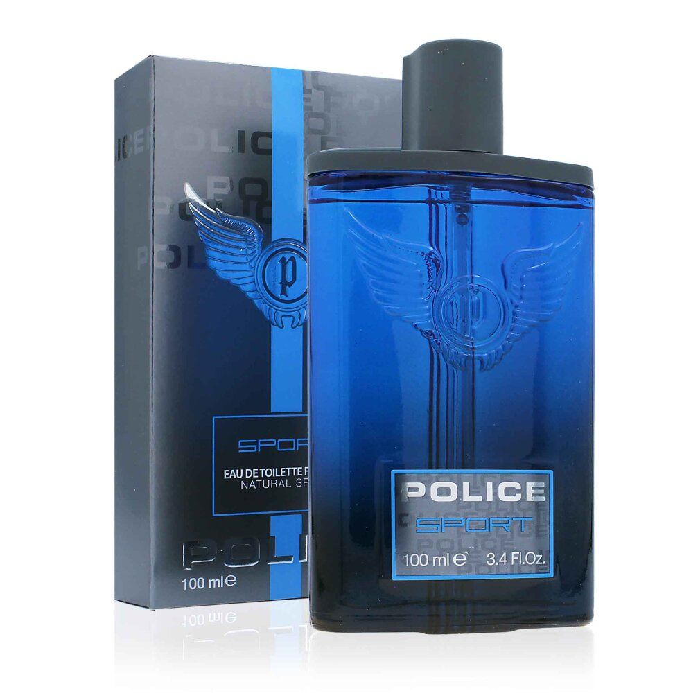 Blauer Glasflakon mit silbernem Emblem, "POLICE SPORT" Aufschrift und grauer Verpackung.