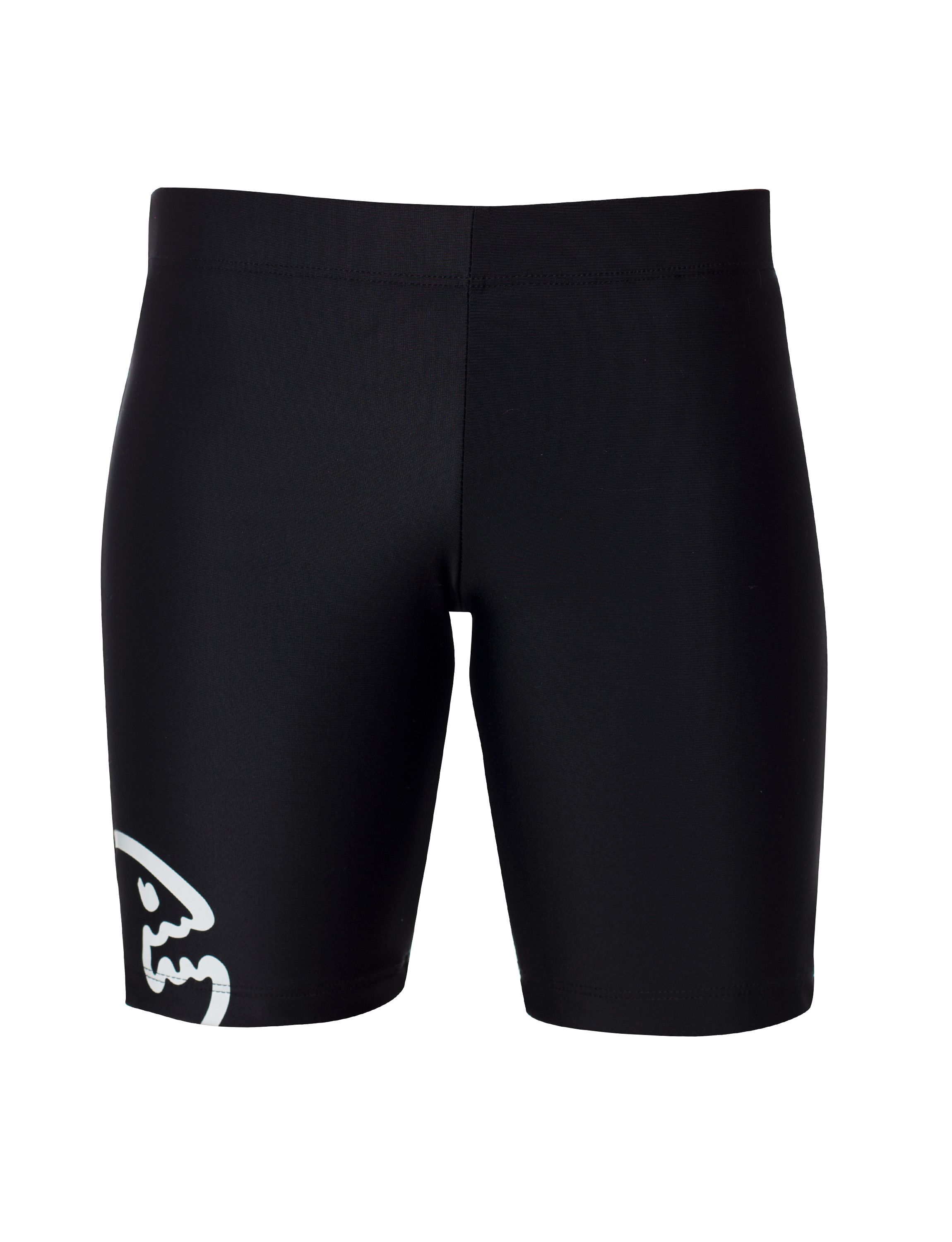 Schwarze Shorts mit weißem Logo. Blick von vorne. Kurze, eng anliegende Hose.