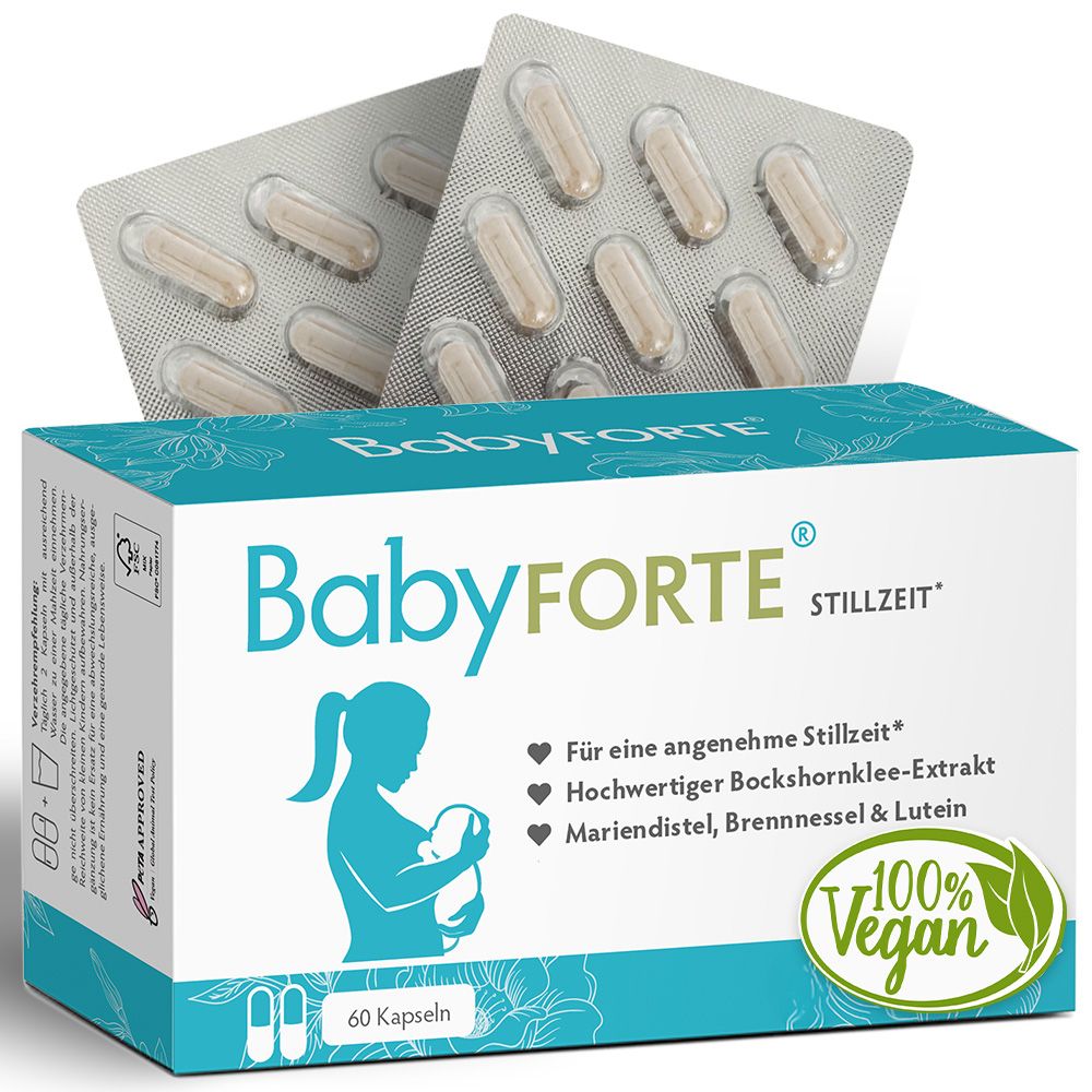 BabyFORTE Stillzeit Vitamine: Premium Pflanzenextrakt, 100% vegan, PETA zertifiziert. Mutter stillt Baby.