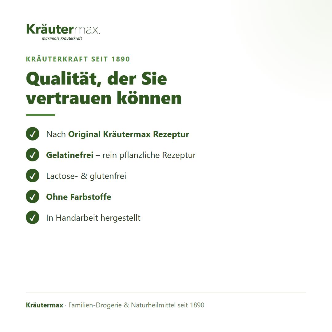 Braune Glasflasche mit Kräutermax Gerstengras Tabletten und einem Siegel für Premium Qualität.