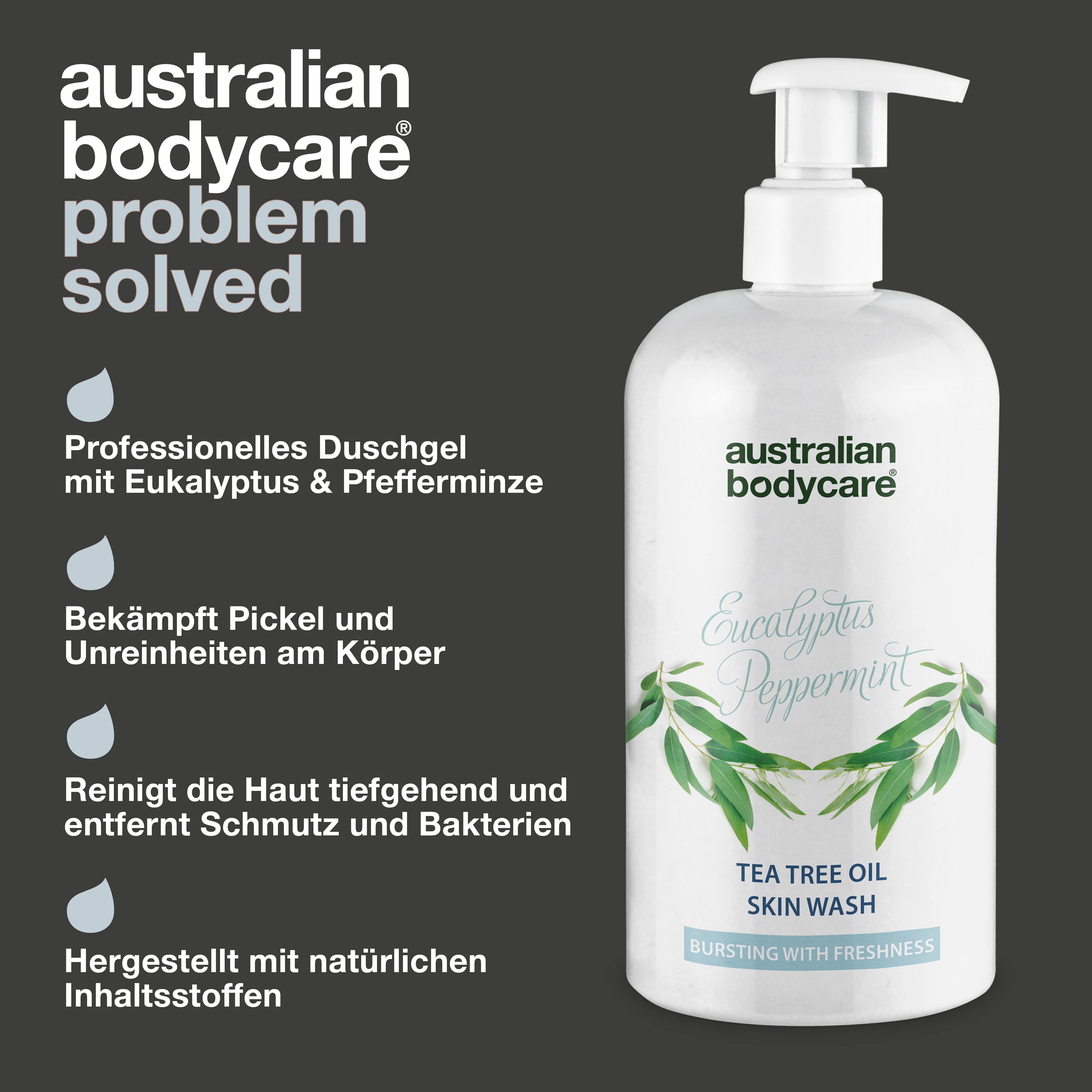 Flasche mit Pumpe. Text: Australian Bodycare, Professionelles Duschgel mit Eukalyptus & Pfefferminze. Bekämpft Pickel.