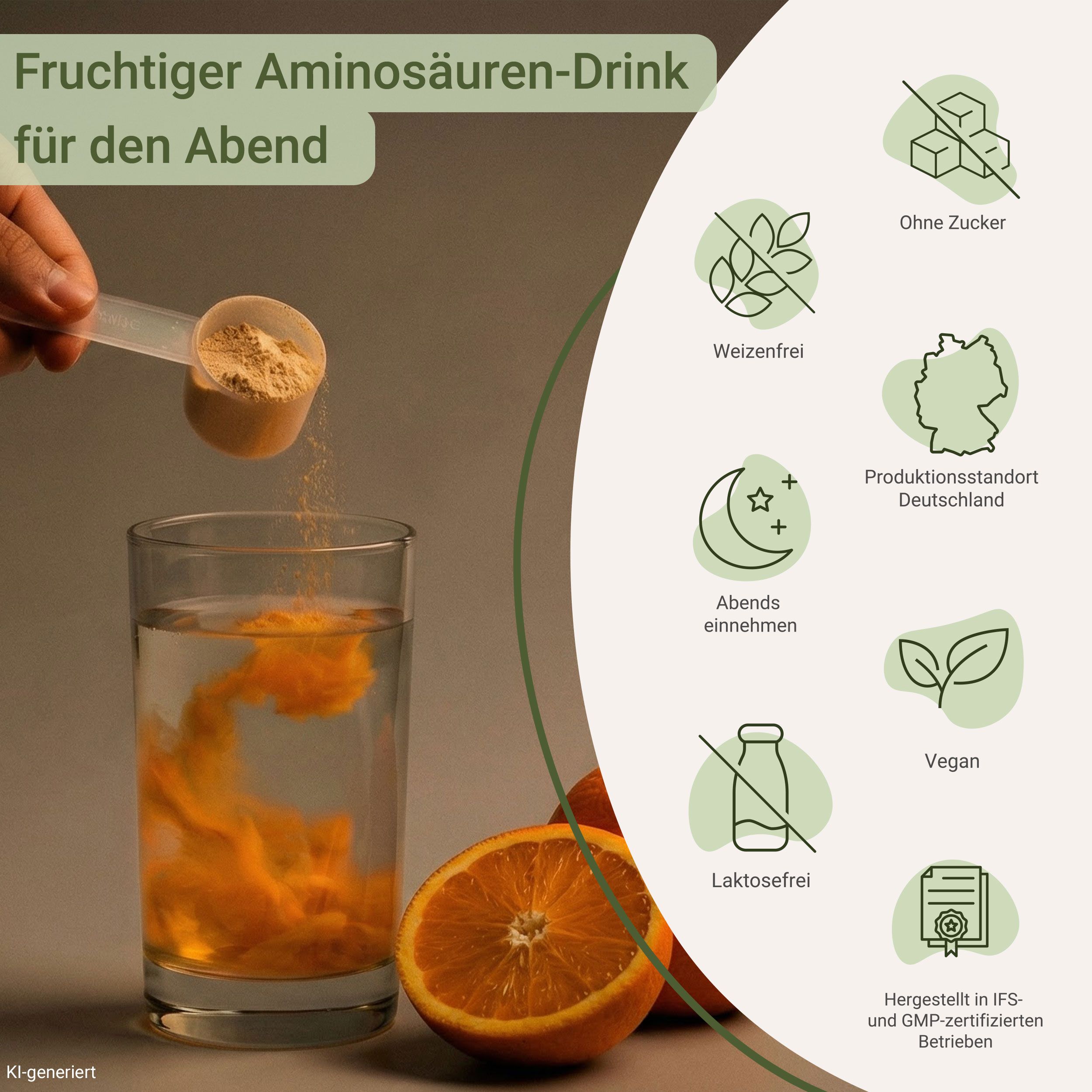 Pulver wird in Wasser aufgelöst, daneben Orangen und Icons für zuckerfrei, weizenfrei, abends einnehmen, laktosefrei, Produktionsstandort Deutschland, vegan, IFS/GMP-zertifiziert.