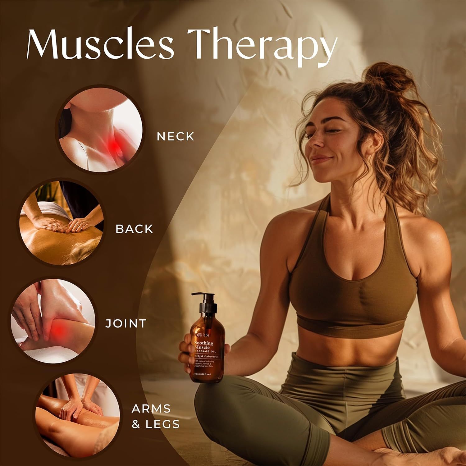 Frau hält Massageölflasche. Bereiche für Massage: Nacken, Rücken, Gelenke, Arme und Beine. Text: Muscles Therapy.