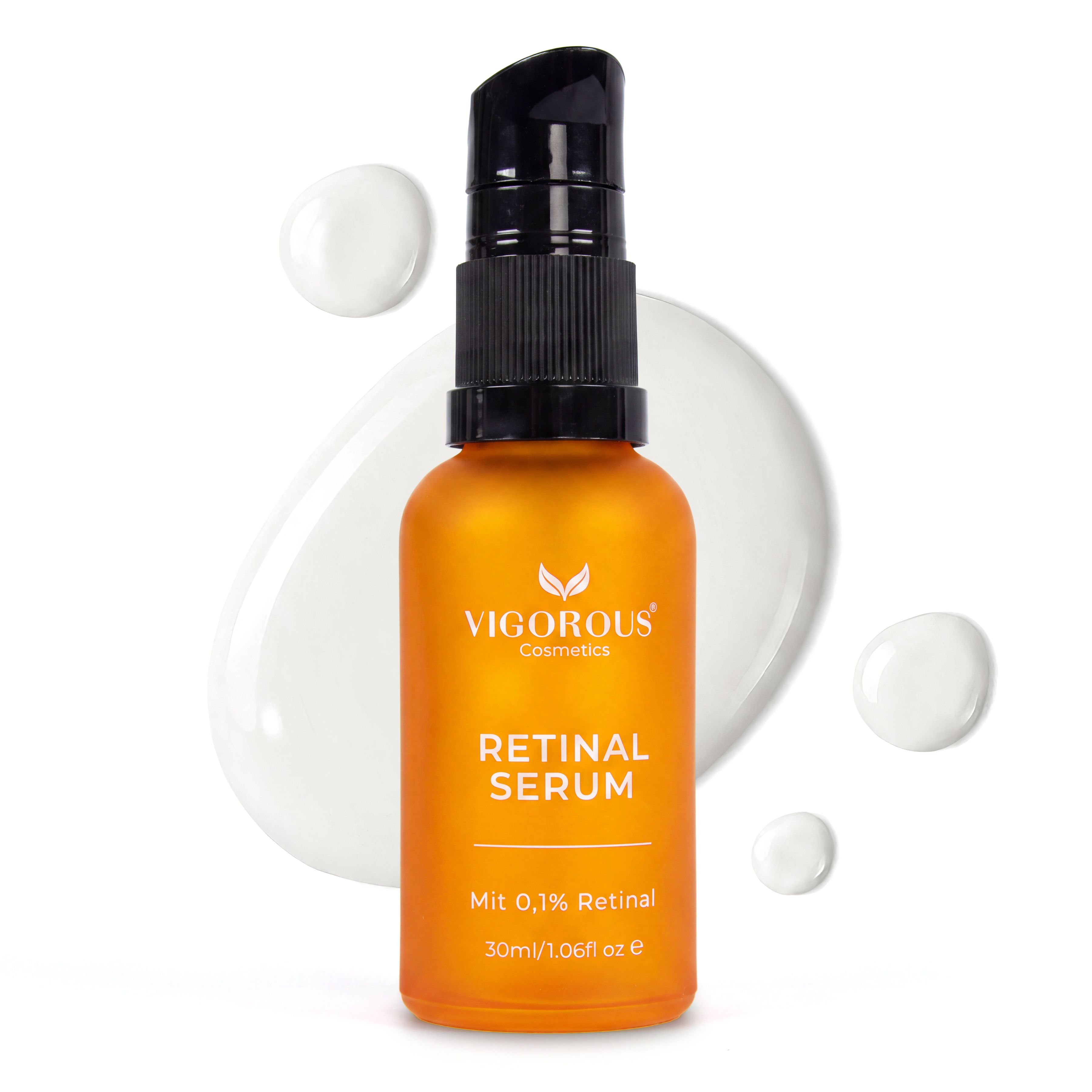 Vigorous Retinal Serum Flasche mit Pumpspender auf weißem Hintergrund mit Serum-Tropfen.
