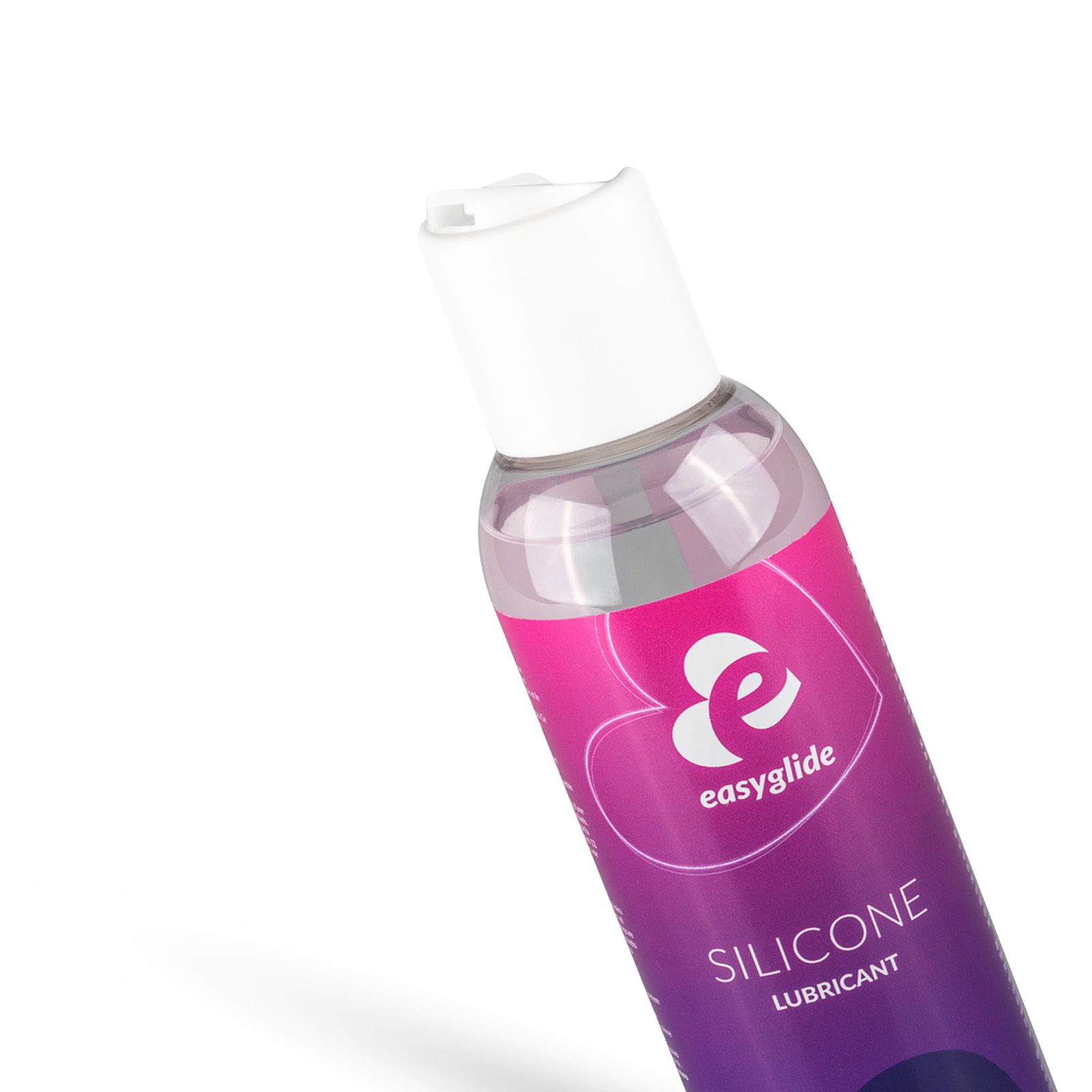 Schuin geplaatste, transparante fles met witte dop. Opschrift "easyglide", "SILICONE", "LUBRICANT". Roze-paarse kleurovergang.