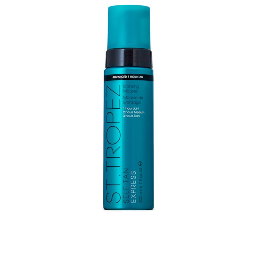 Türkisblaue Flasche mit blauem Deckel. Aufschrift: St.Tropez Self Tan Express Bronzing Mousse.